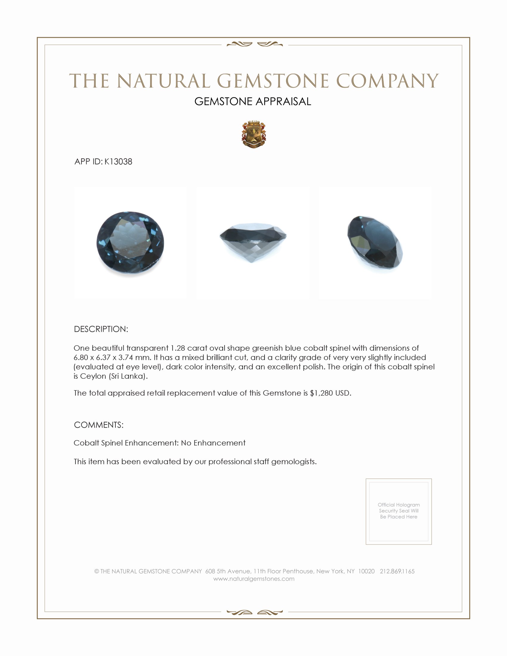1.28 Ct. Cobalt Spinel from Ceylon (Sri Lanka)
