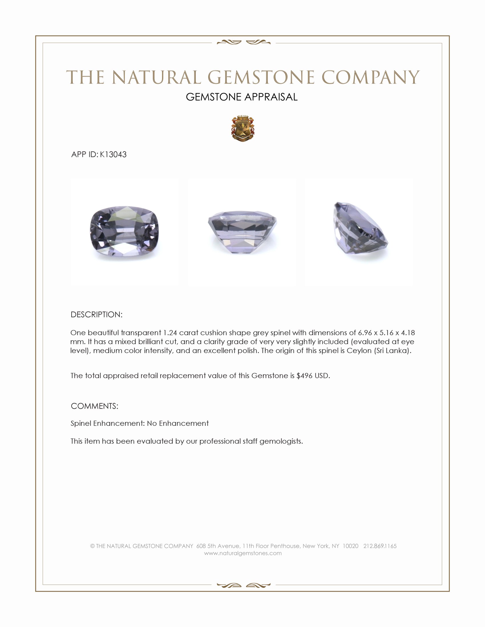 1.24 Ct. Grey Spinel from Ceylon (Sri Lanka)