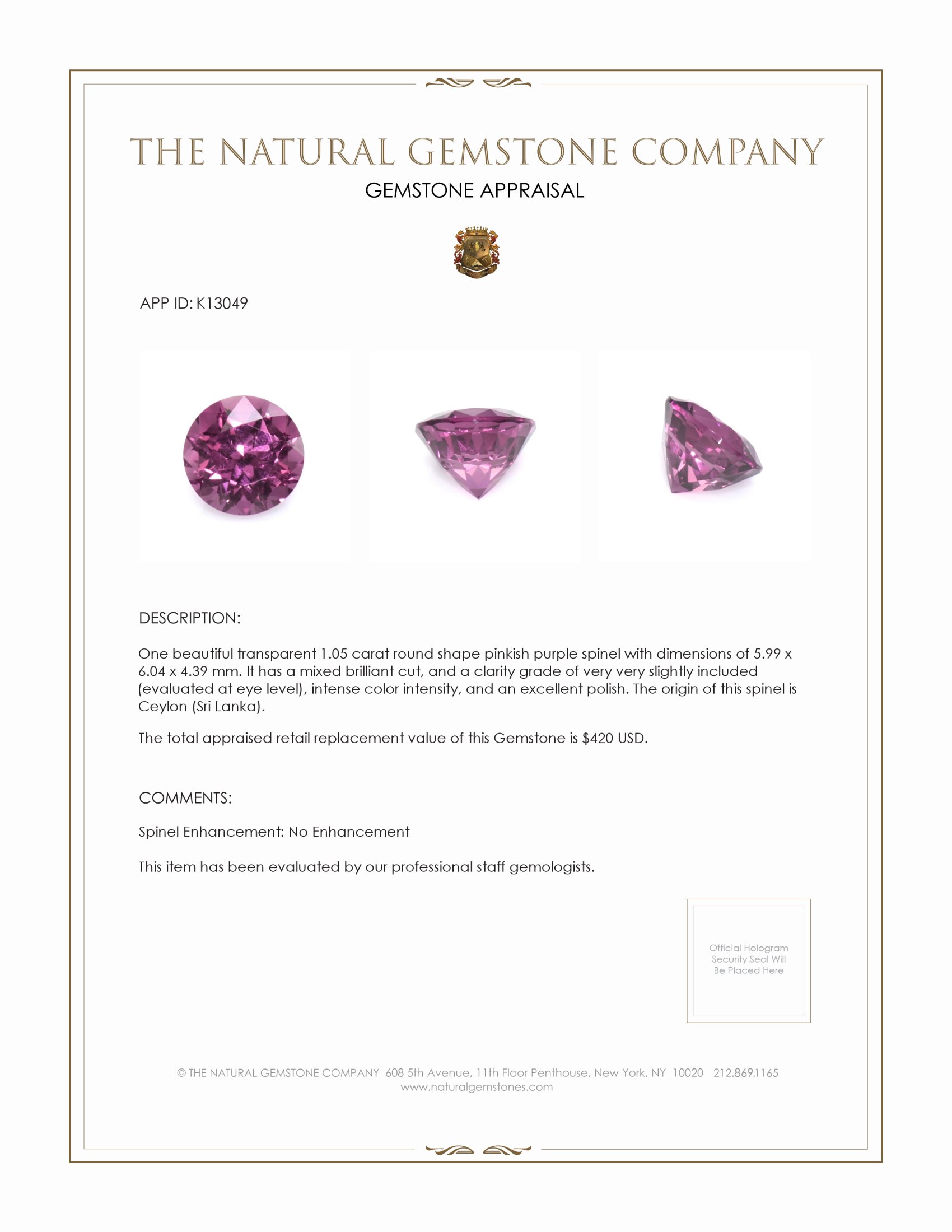 1.05 Ct. Pinkish Purple Spinel from Ceylon (Sri Lanka)