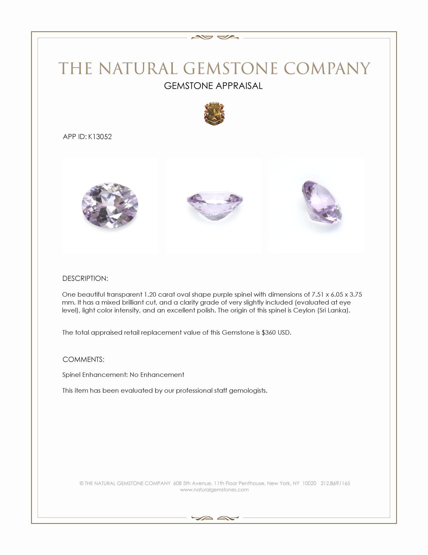 1.20 Ct. Greyish Violet Spinel from Ceylon (Sri Lanka)