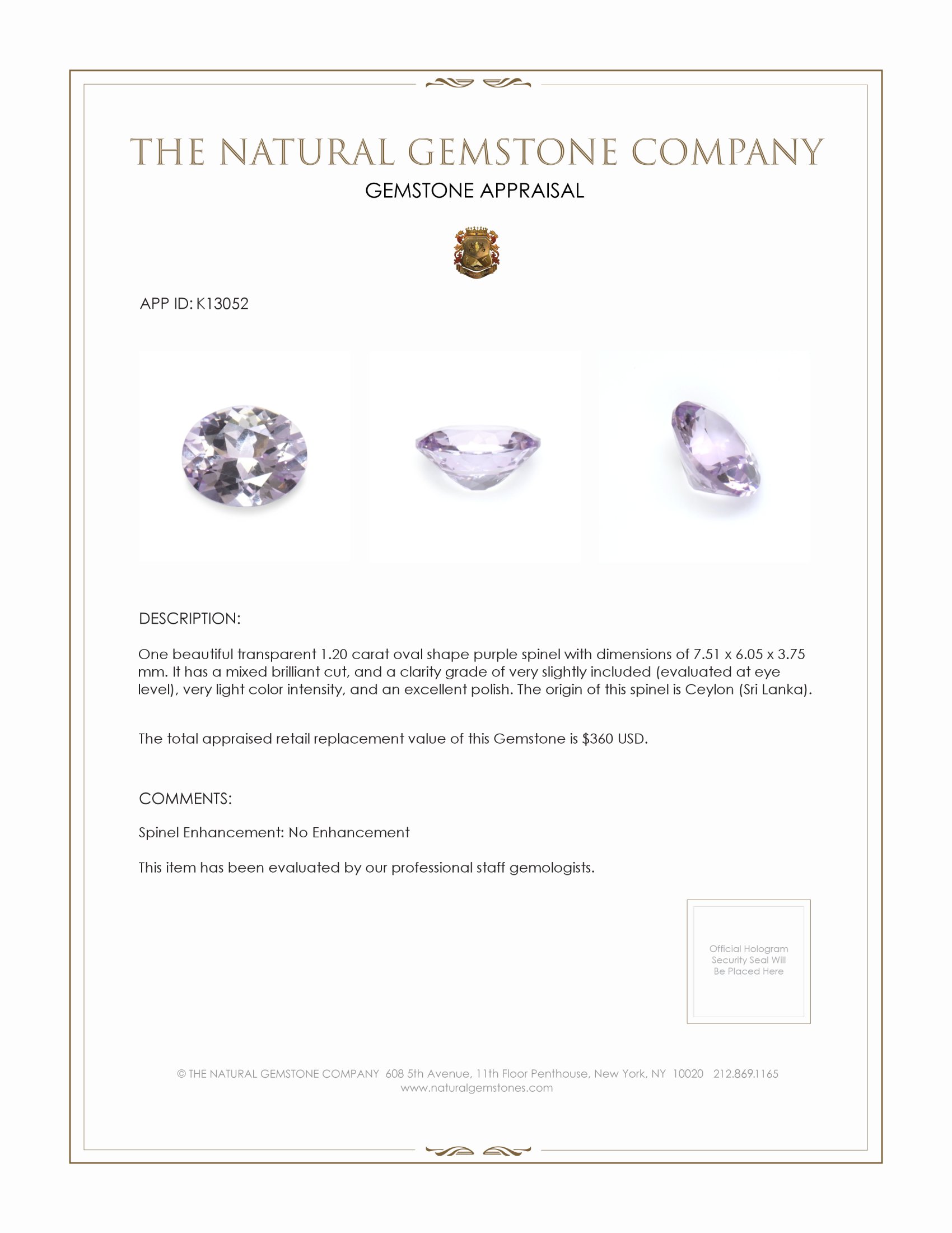 1.20 Ct. Spinel from Ceylon (Sri Lanka)