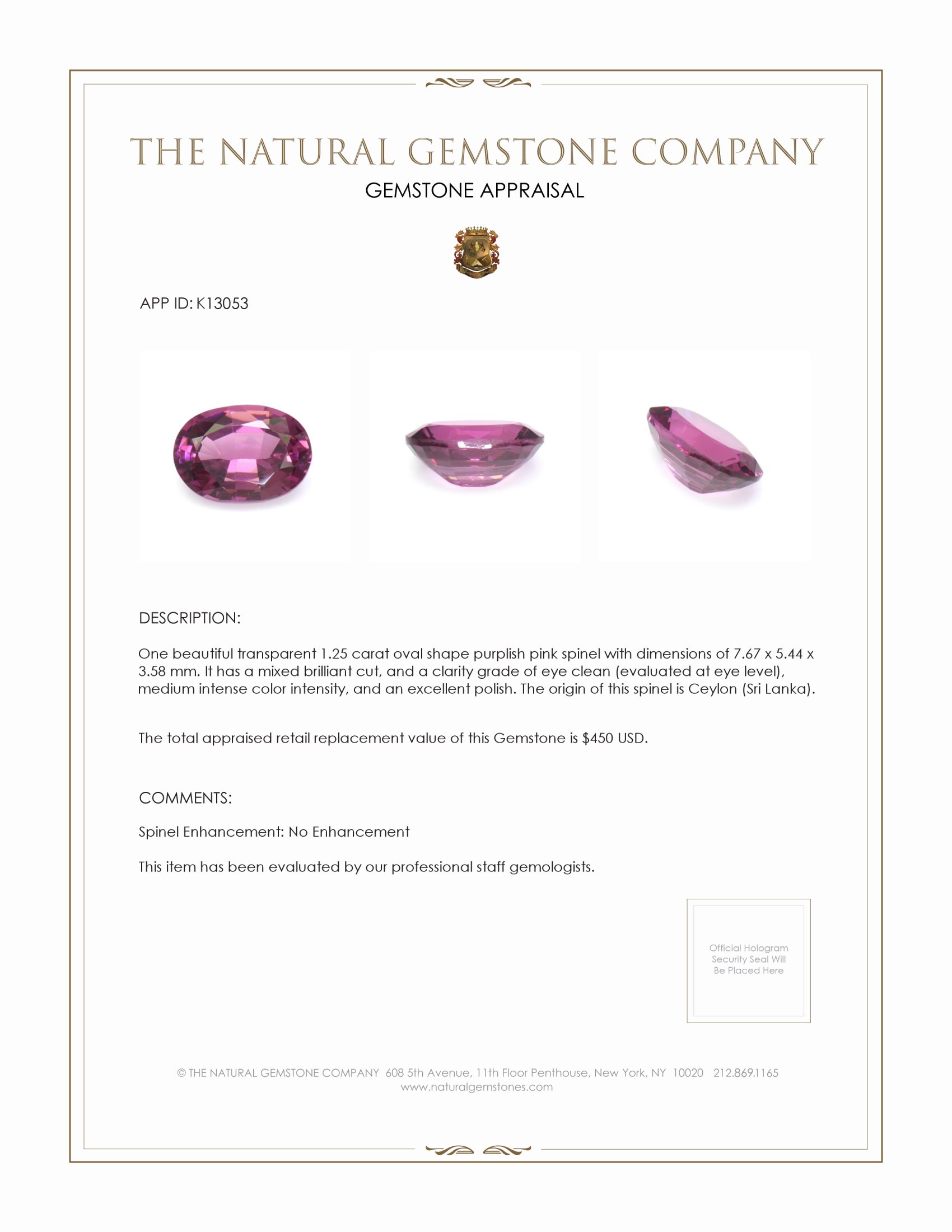 1.25 Ct. Purplish Pink Spinel from Ceylon (Sri Lanka)