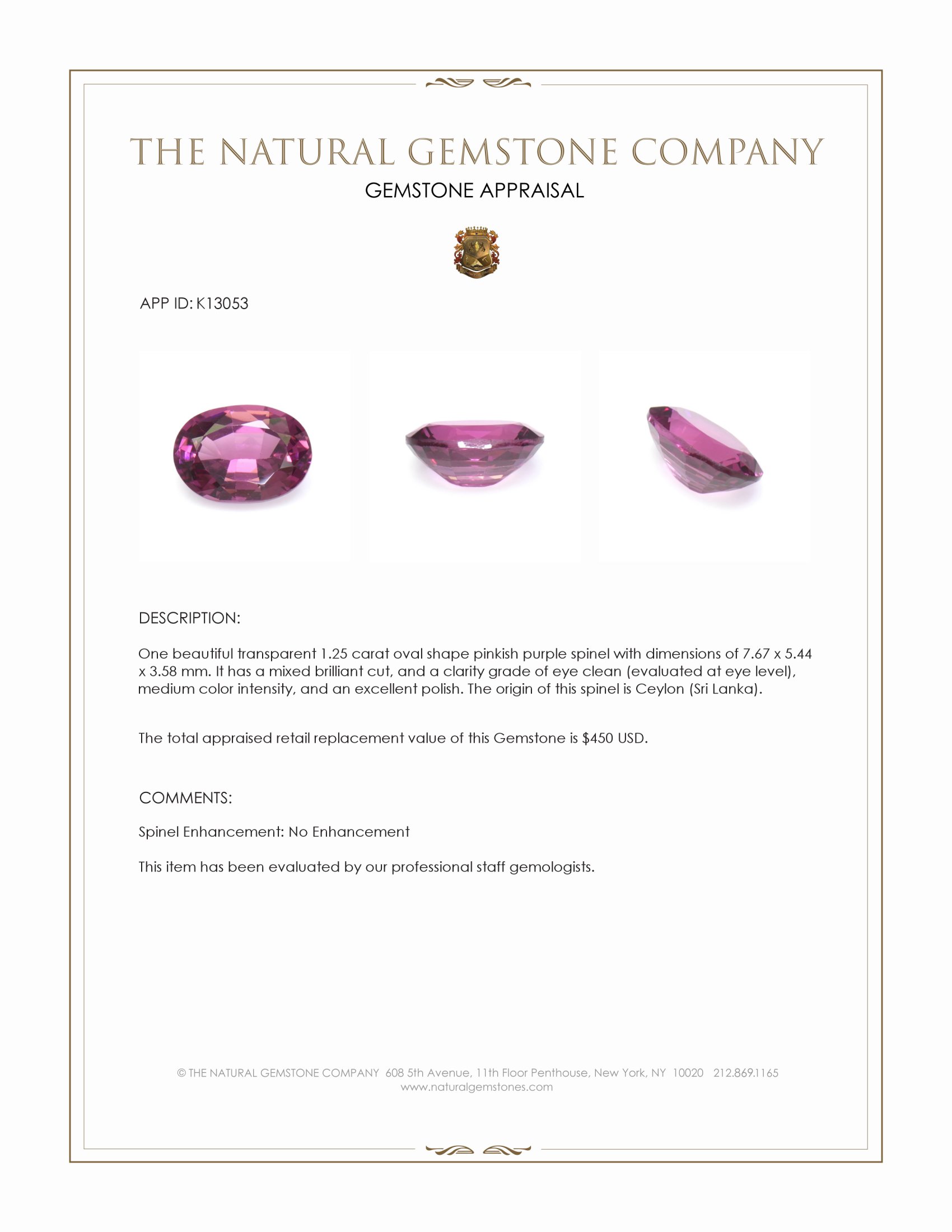 1.25 Ct. Pinkish Purple Spinel from Ceylon (Sri Lanka)