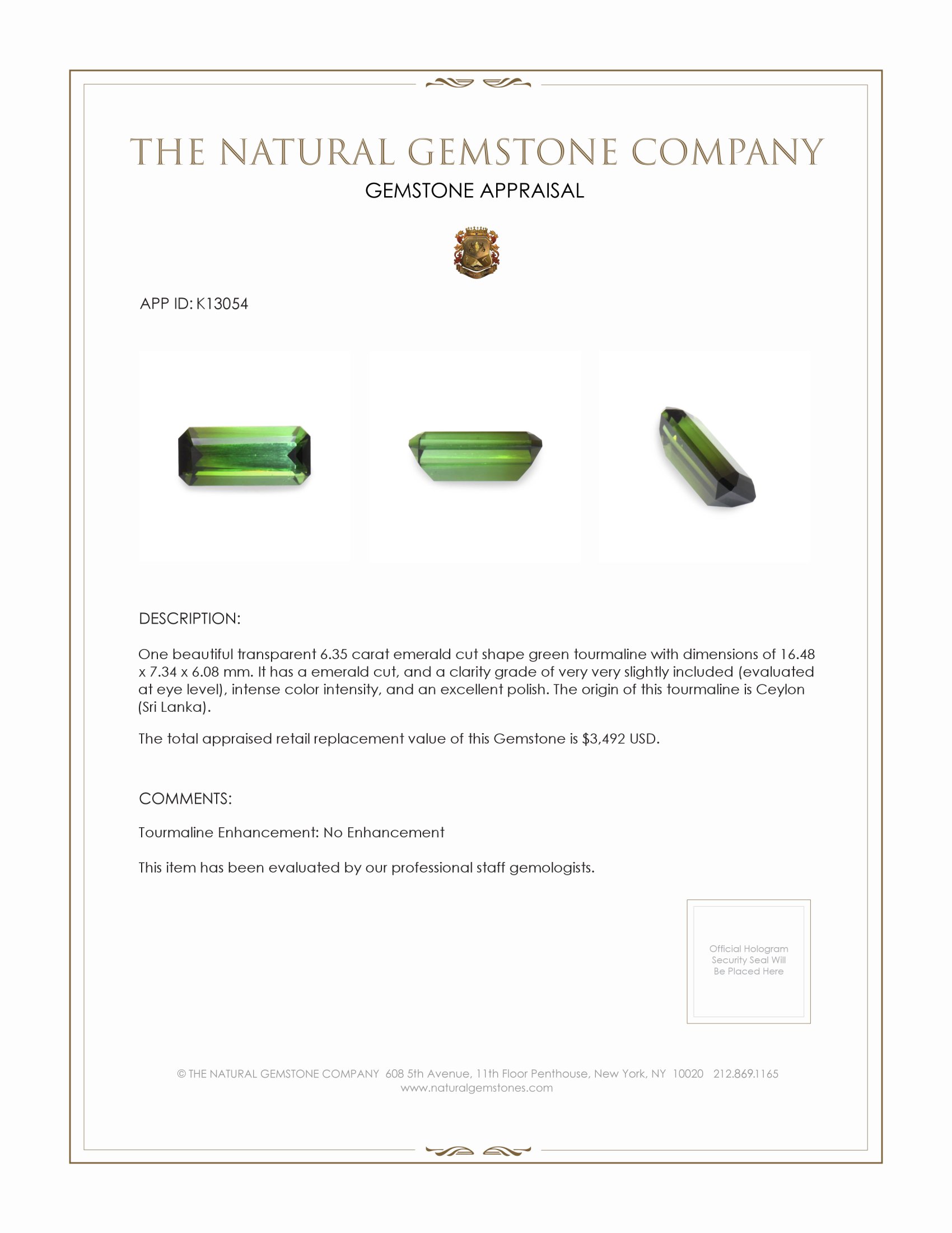 6.35 Ct. Green Tourmaline from Ceylon (Sri Lanka)