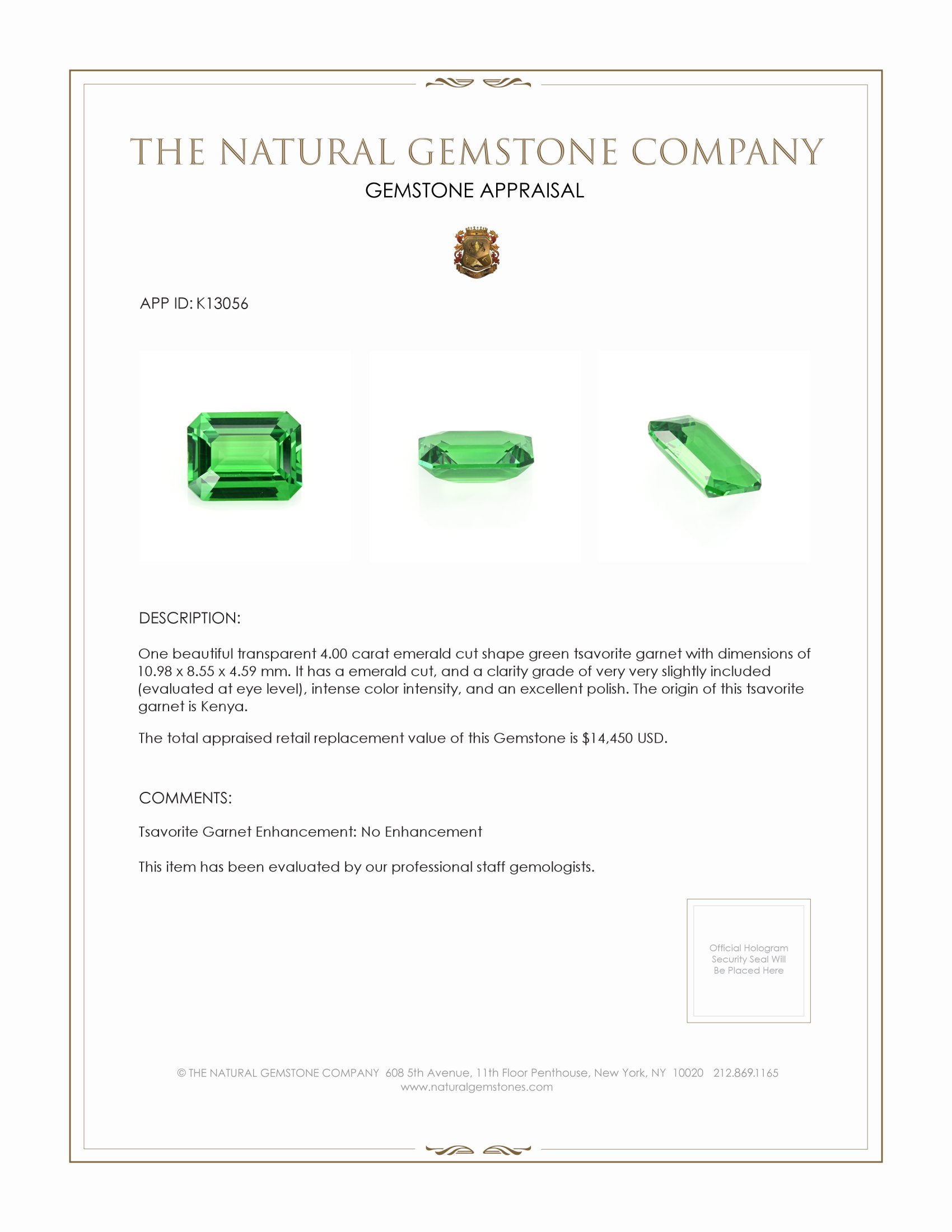 4.00 Ct. Tsavorite Garnet from Kenya