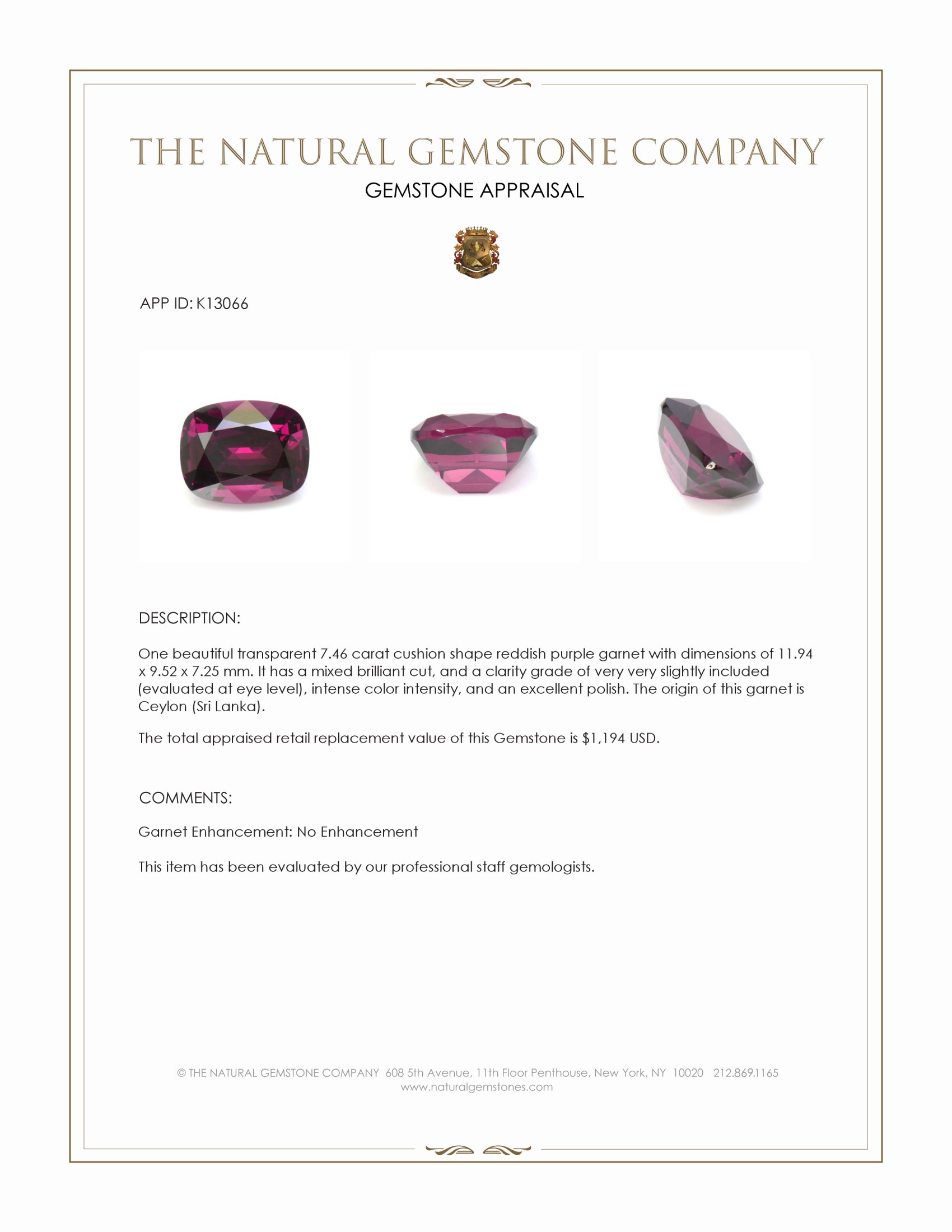 7.46 Ct. Reddish Purple Garnet from Ceylon (Sri Lanka)