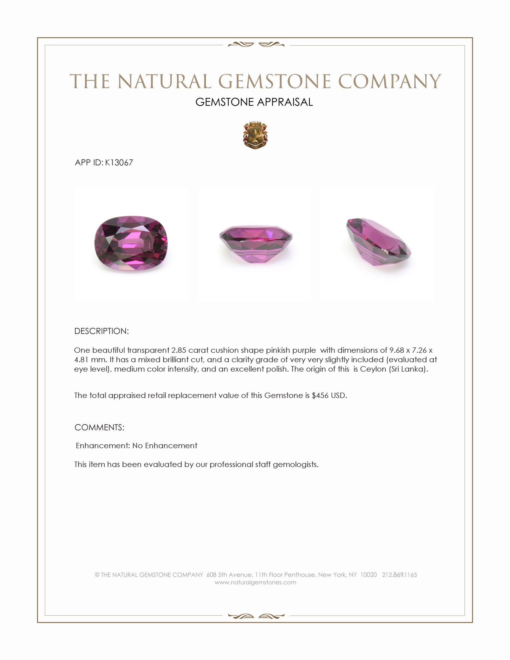 2.85 Ct. Pinkish Purple Garnet from Ceylon (Sri Lanka)