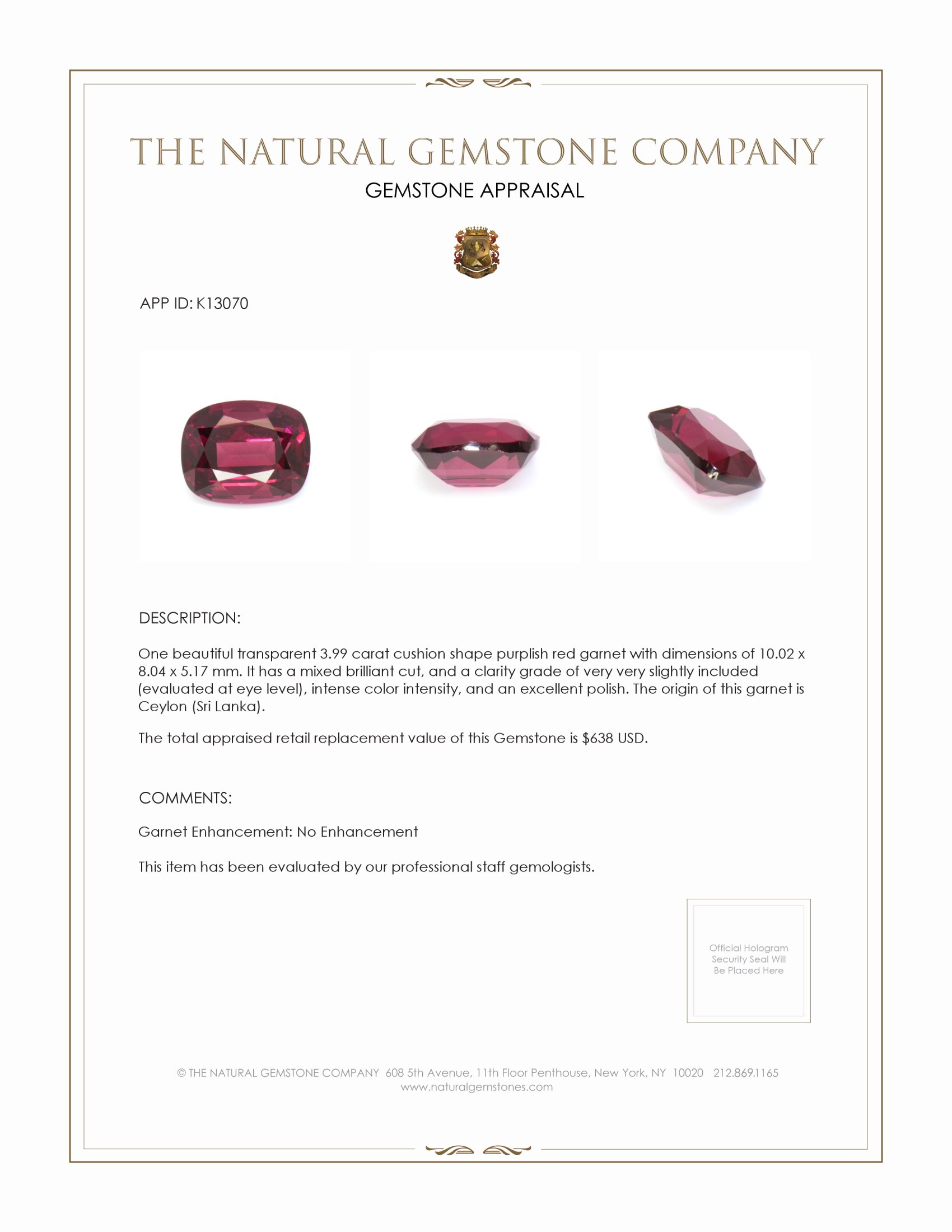 3.99 Ct. Garnet from Ceylon (Sri Lanka)