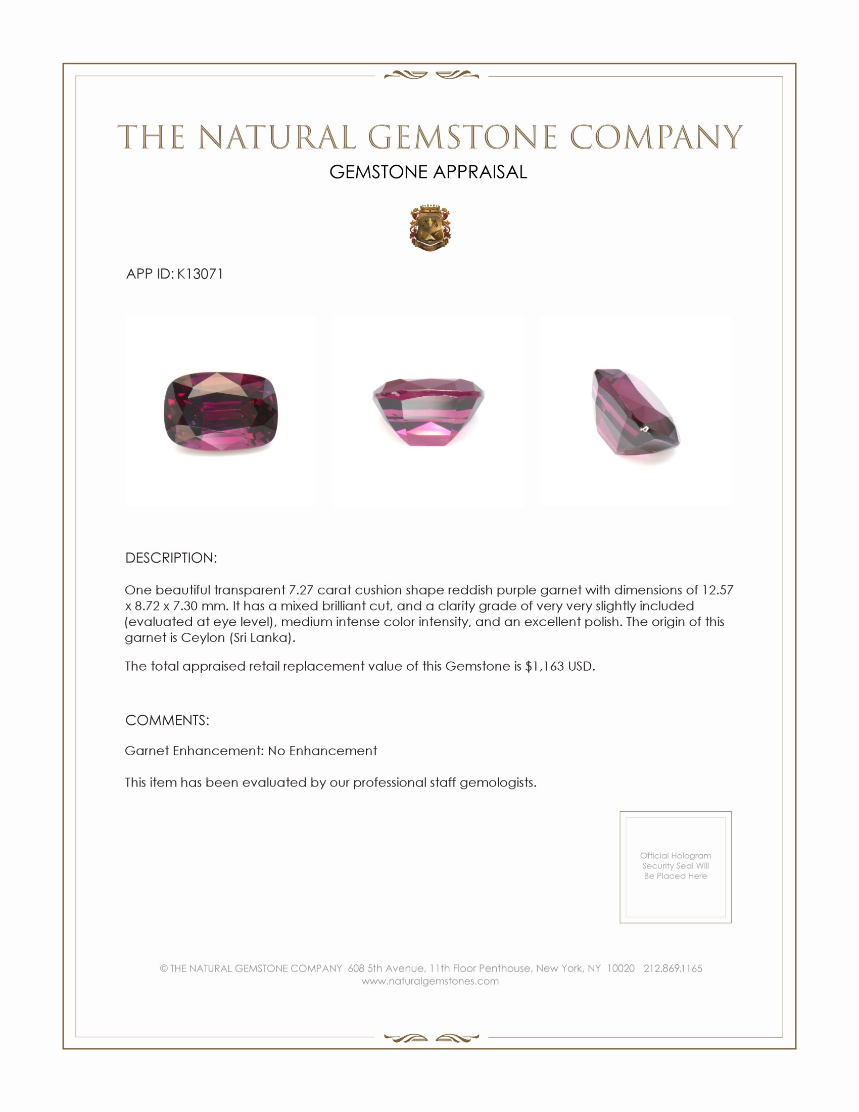 7.27 Ct. Reddish Purple Garnet from Ceylon (Sri Lanka)