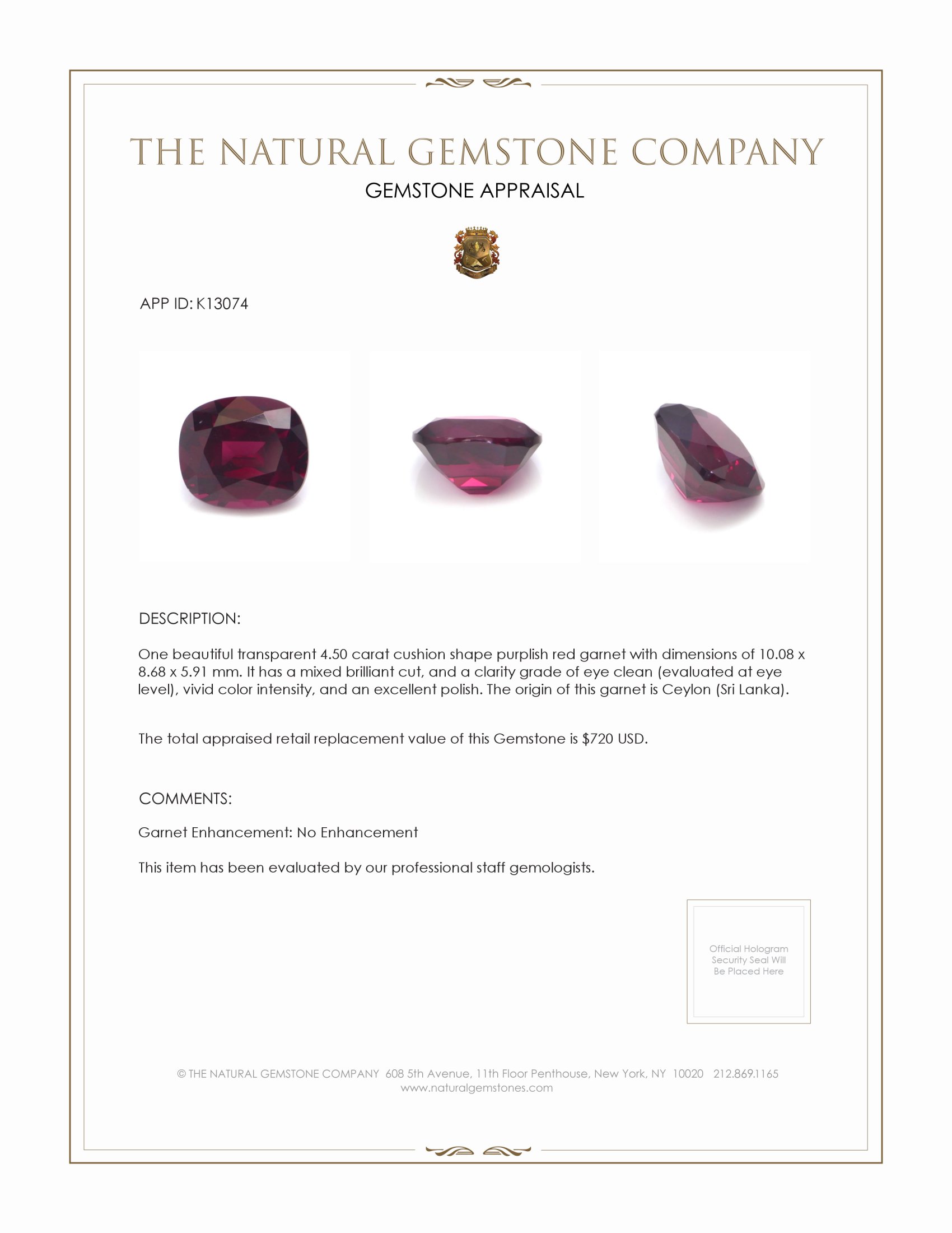 4.50 Ct. Purplish Red Garnet from Ceylon (Sri Lanka)
