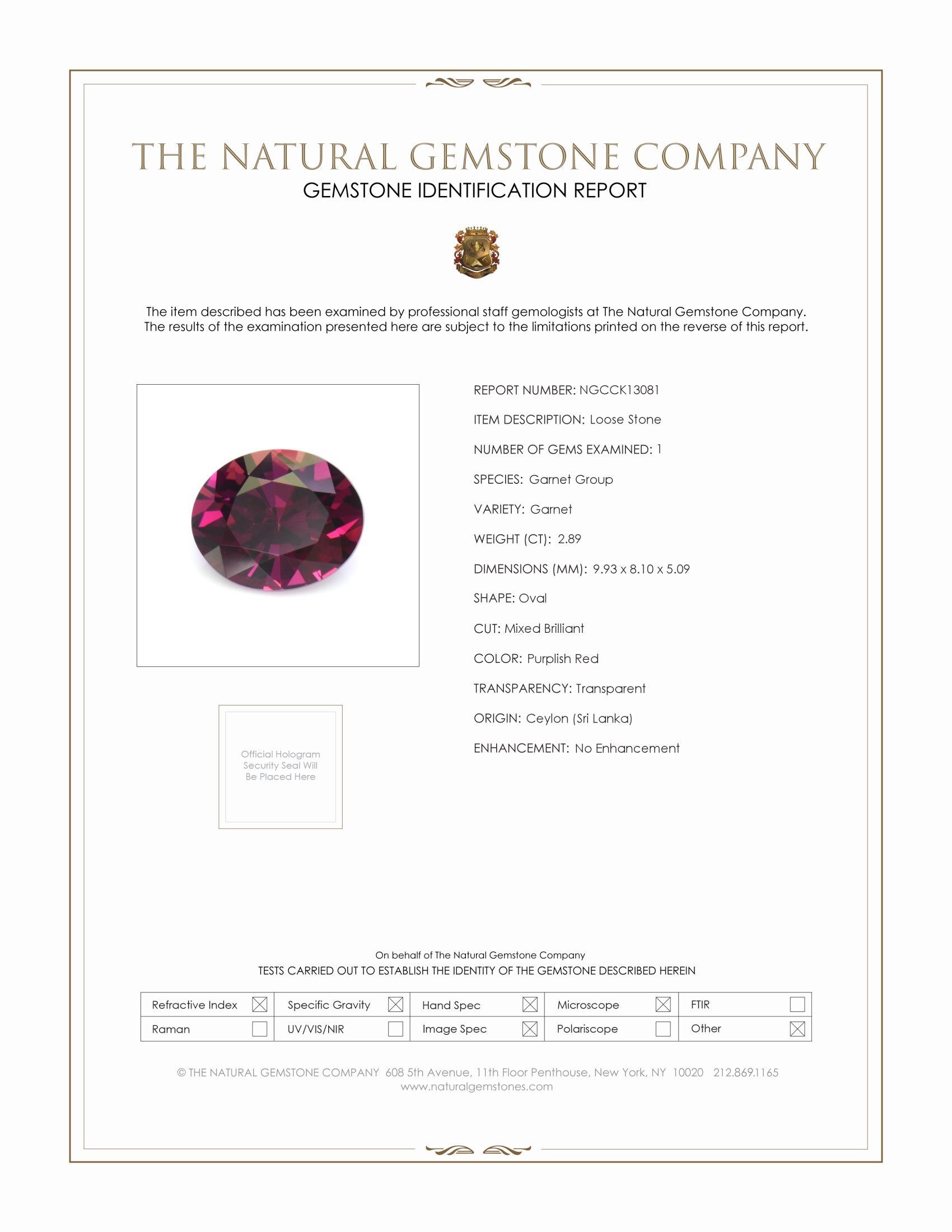 2.89 Ct. Purplish Red Garnet from Ceylon (Sri Lanka)