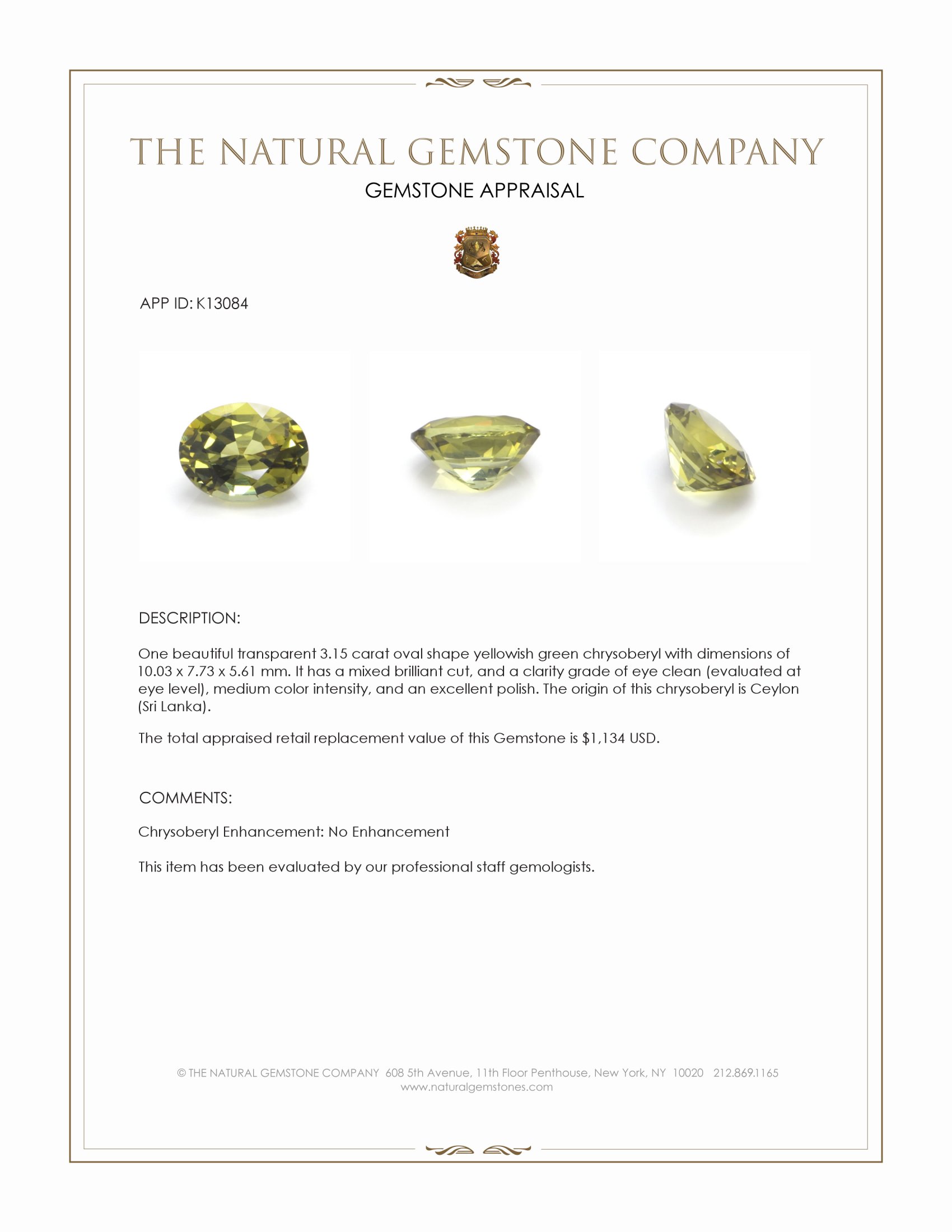 3.15 Ct. Yellowish Green Chrysoberyl from Ceylon (Sri Lanka)