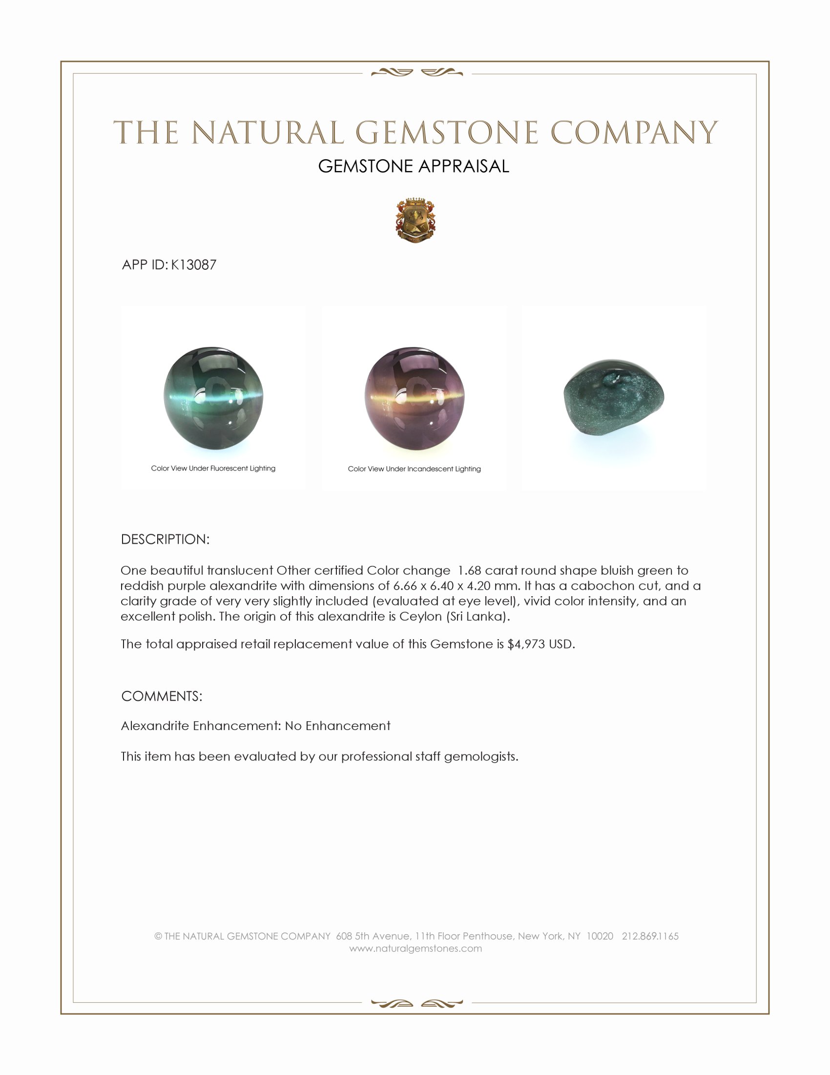 1.68 Ct. Cabochon Alexandrite from Ceylon (Sri Lanka)