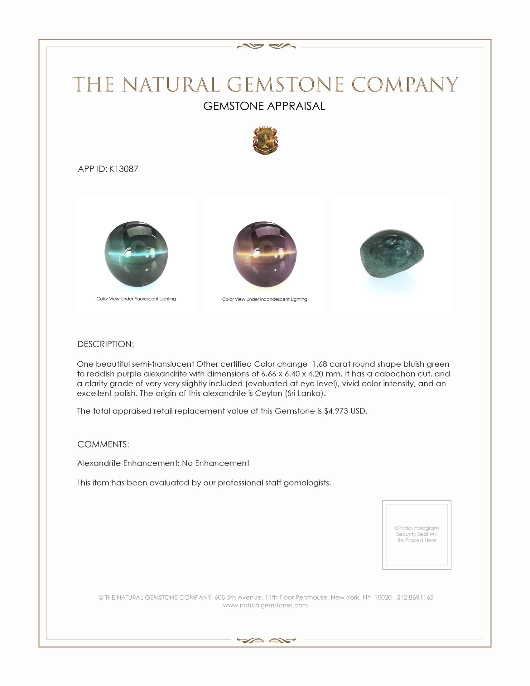 1.68 Ct. Cabochon Alexandrite from Ceylon (Sri Lanka)