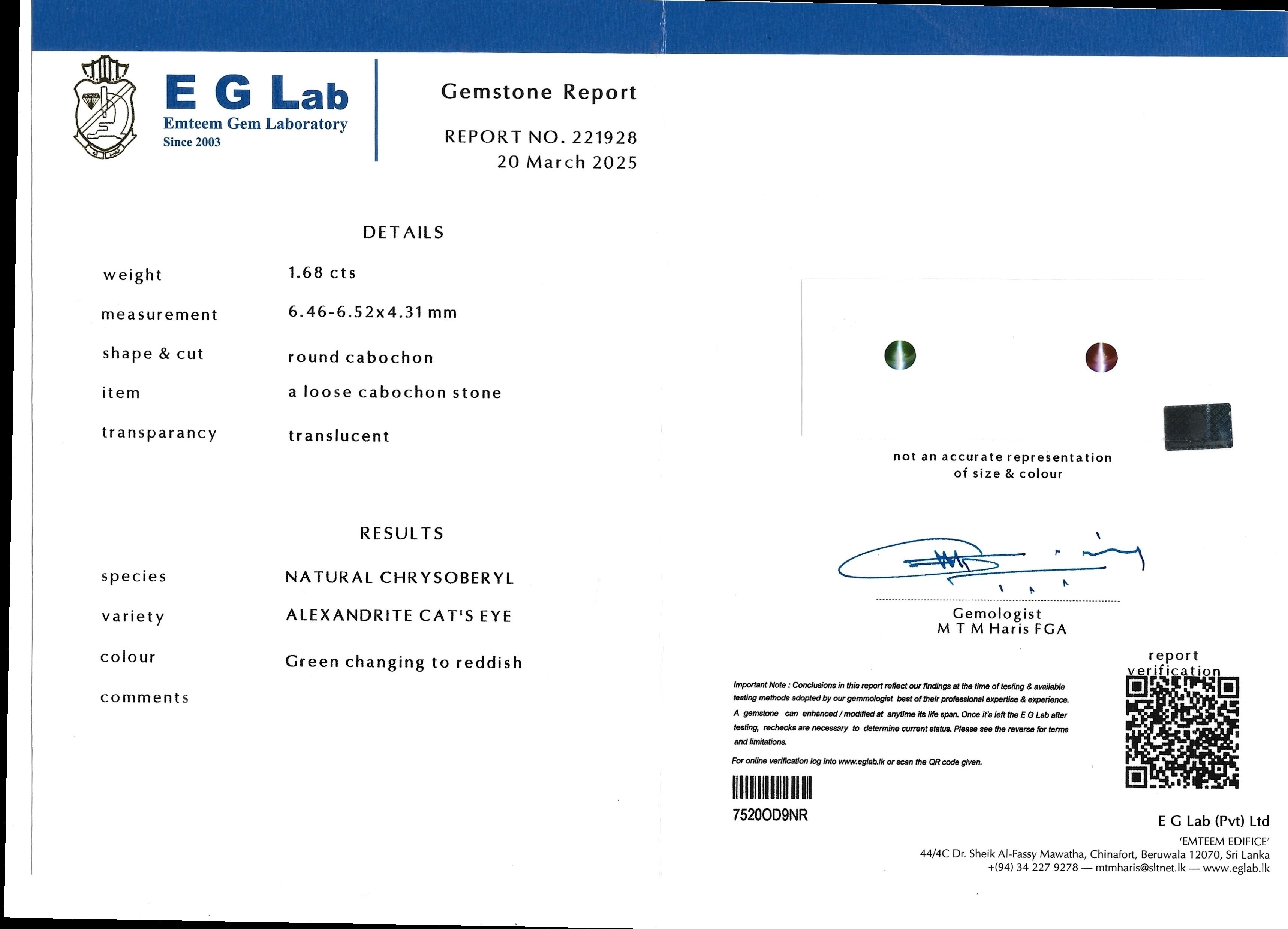 1.68 Ct. Cabochon Alexandrite from Ceylon (Sri Lanka)