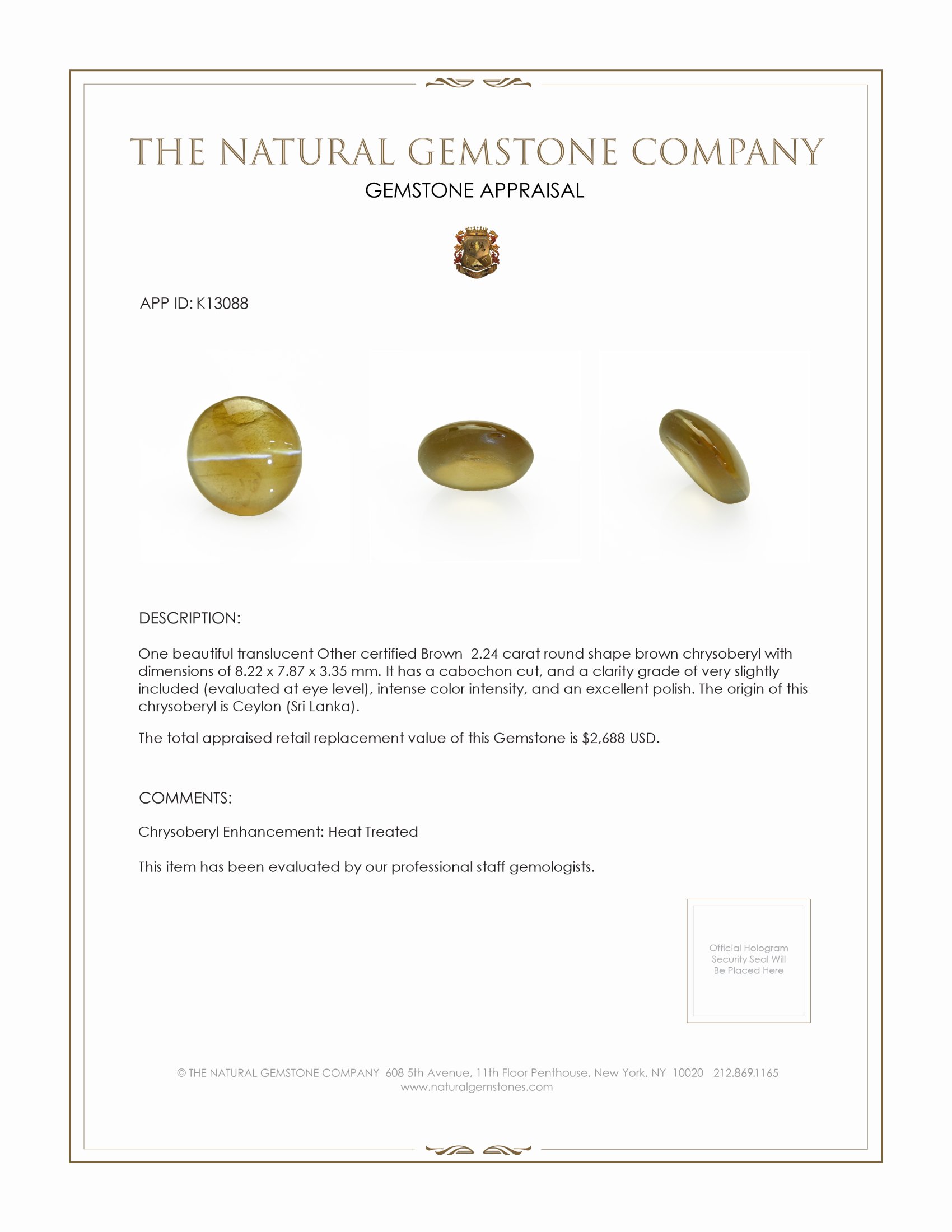 2.24 Ct. Brown Cabochon Chrysoberyl from Ceylon (Sri Lanka)