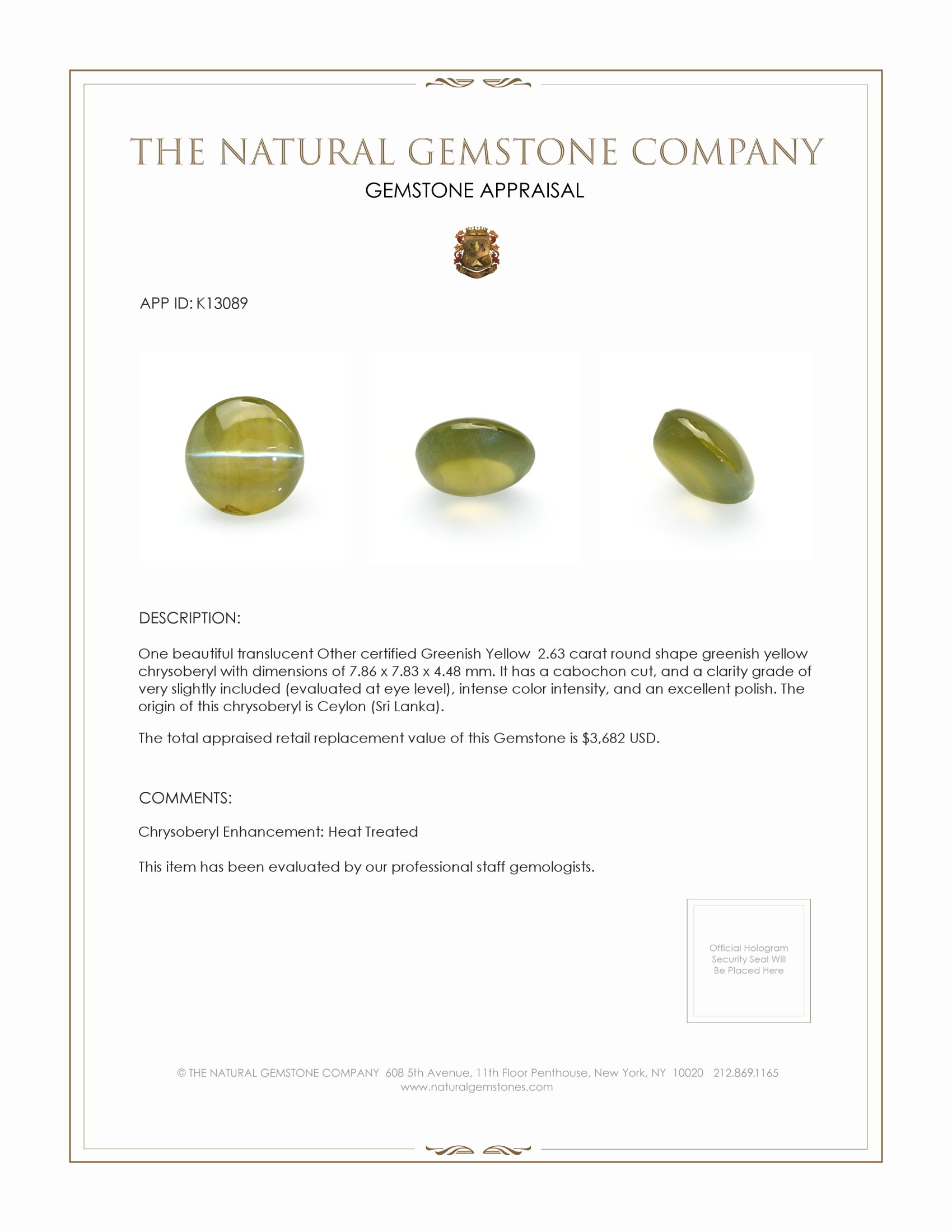 2.63 Ct. Cabochon Chrysoberyl from Ceylon (Sri Lanka)