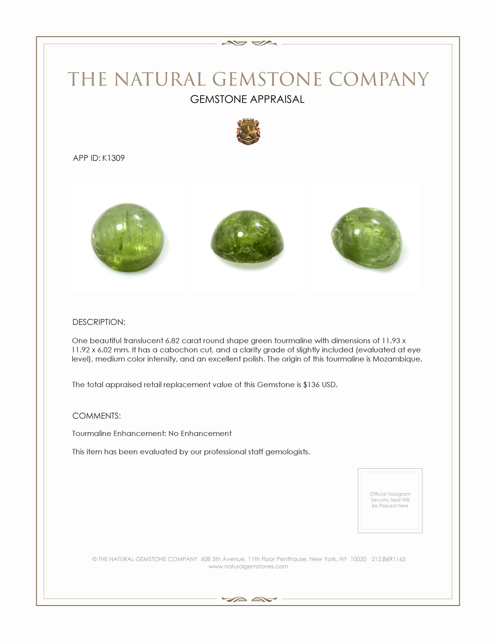 6.82 Ct. Cabochon Tourmaline from Mozambique