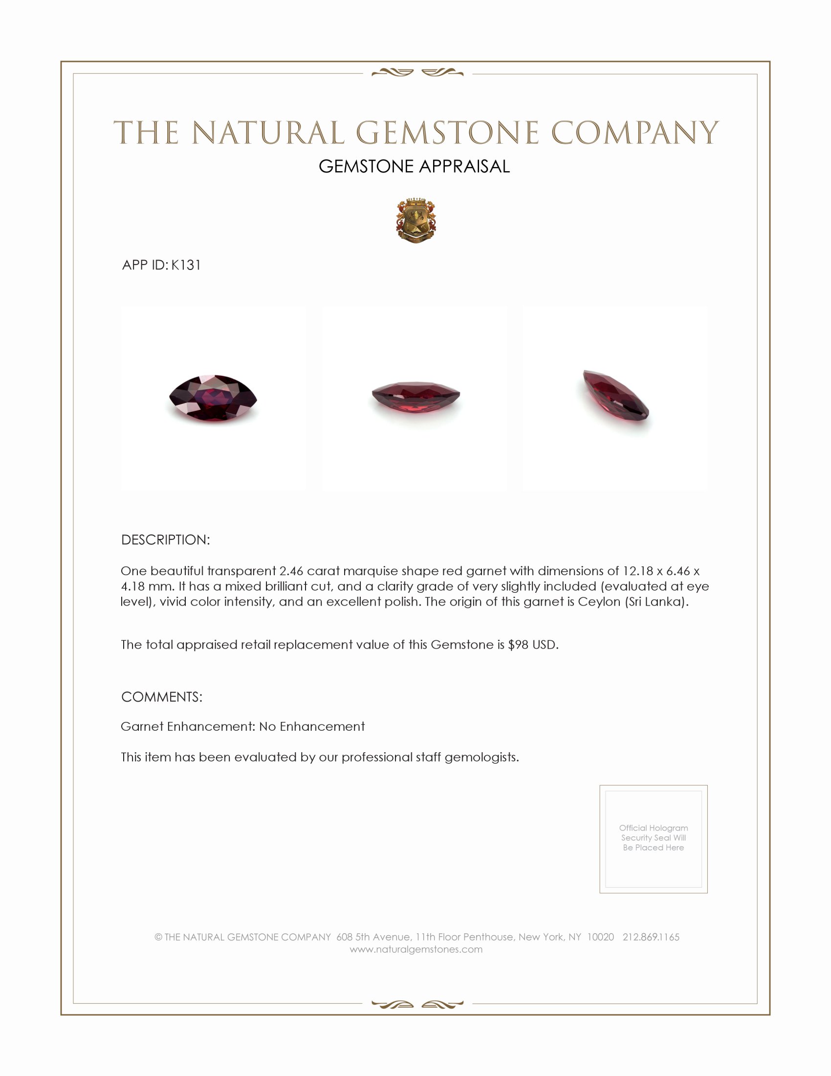 2.46 Ct. Garnet from Ceylon (Sri Lanka)