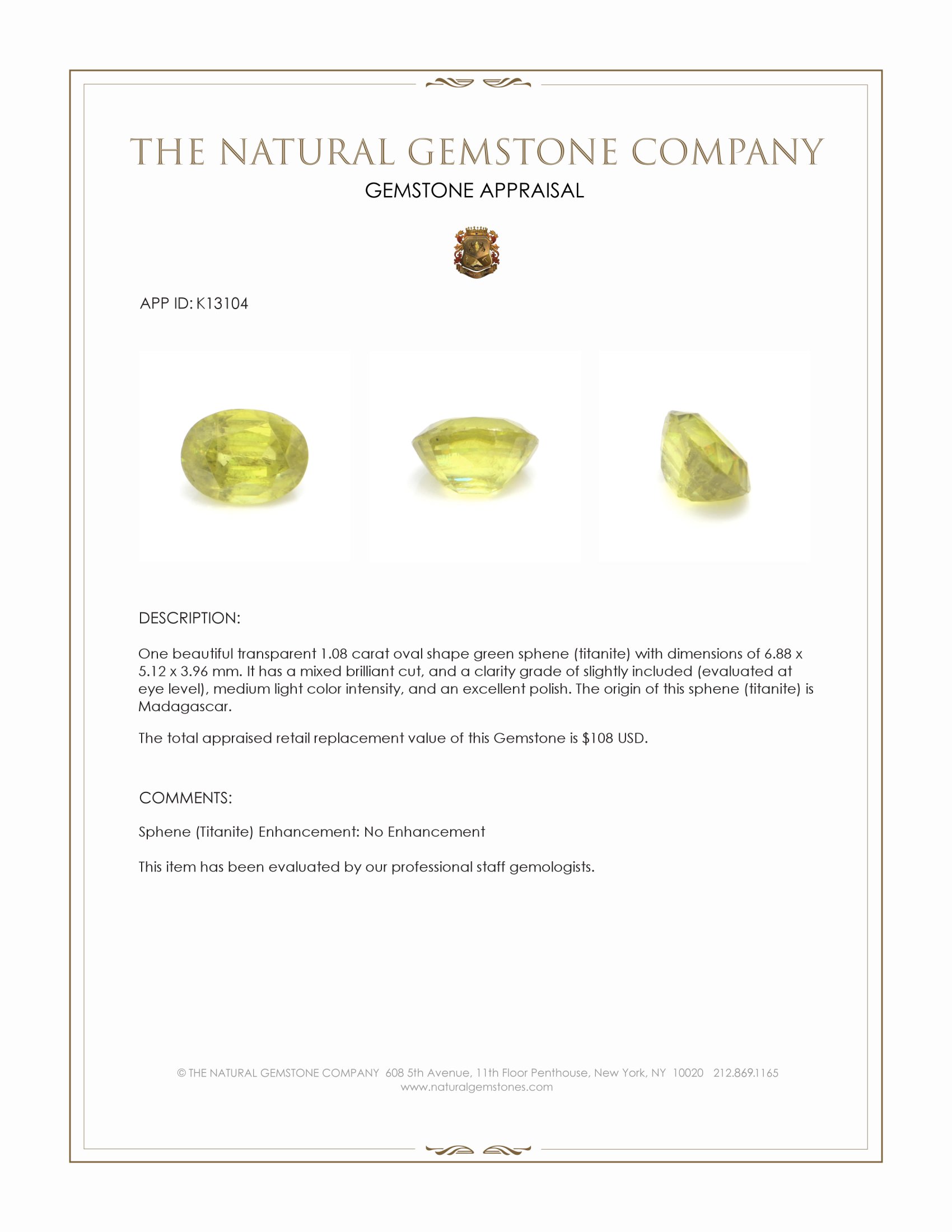 1.08 Ct. Sphene (Titanite) from Madagascar