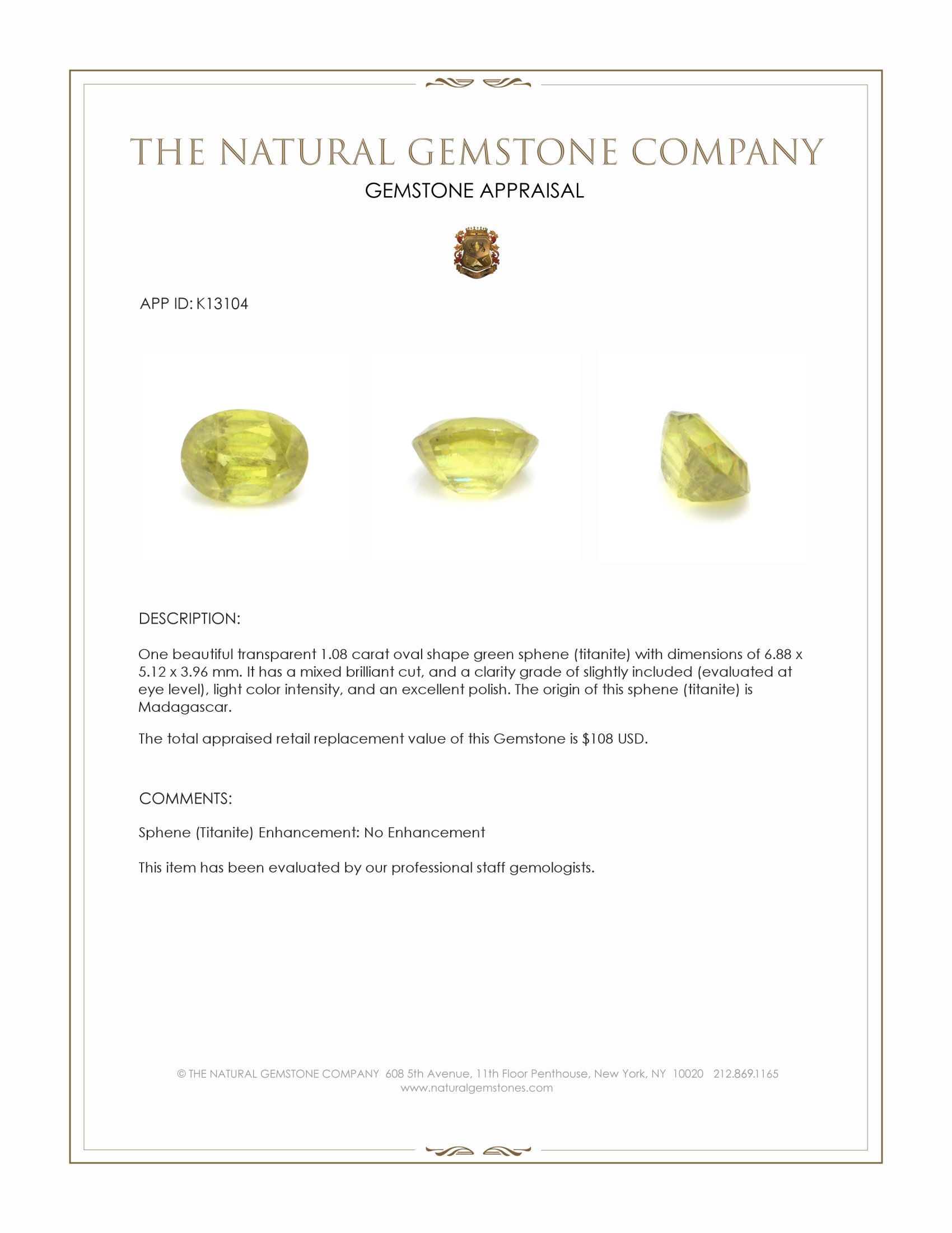 1.08 Ct. Sphene (Titanite) from Madagascar