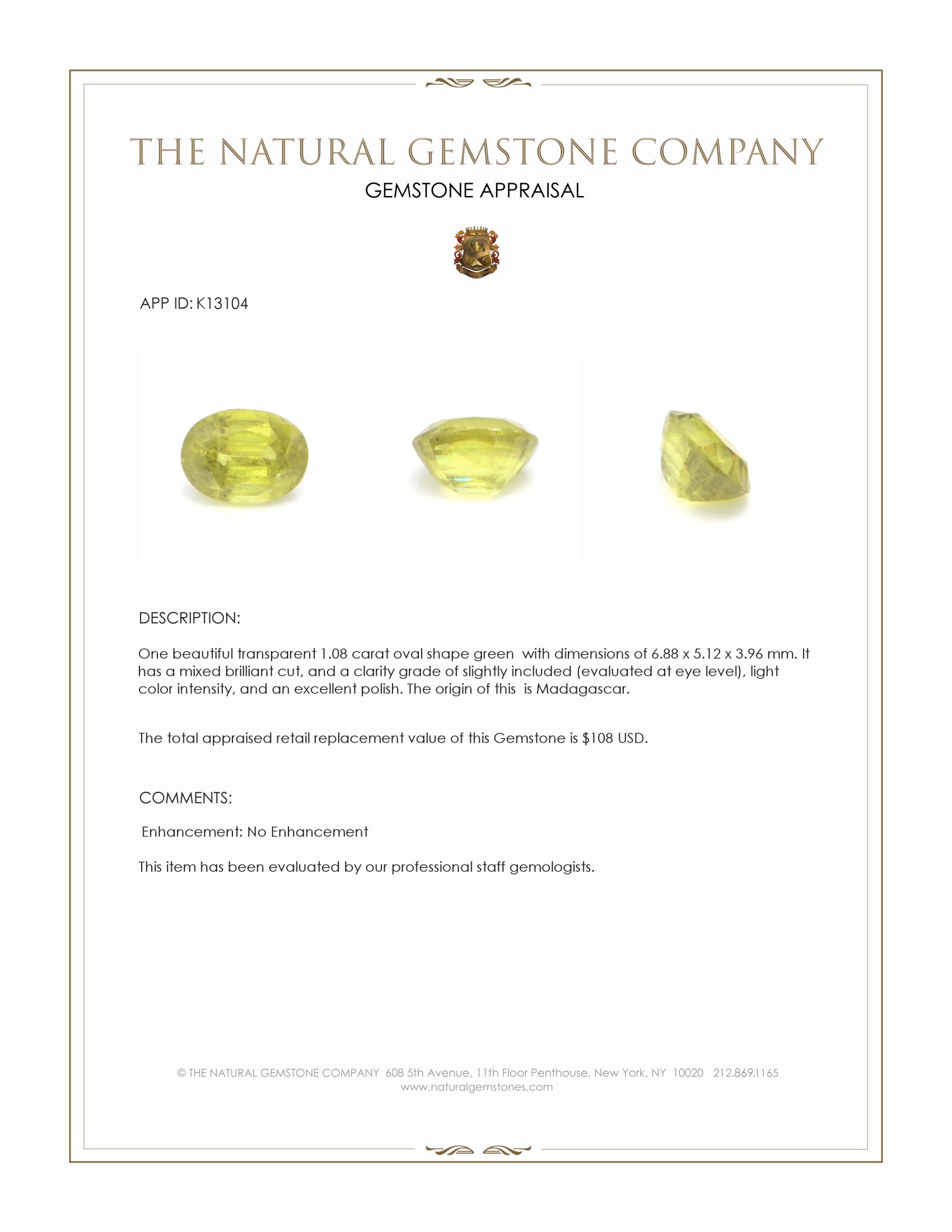 1.08 Ct. Green Sphene (Titanite) from Madagascar