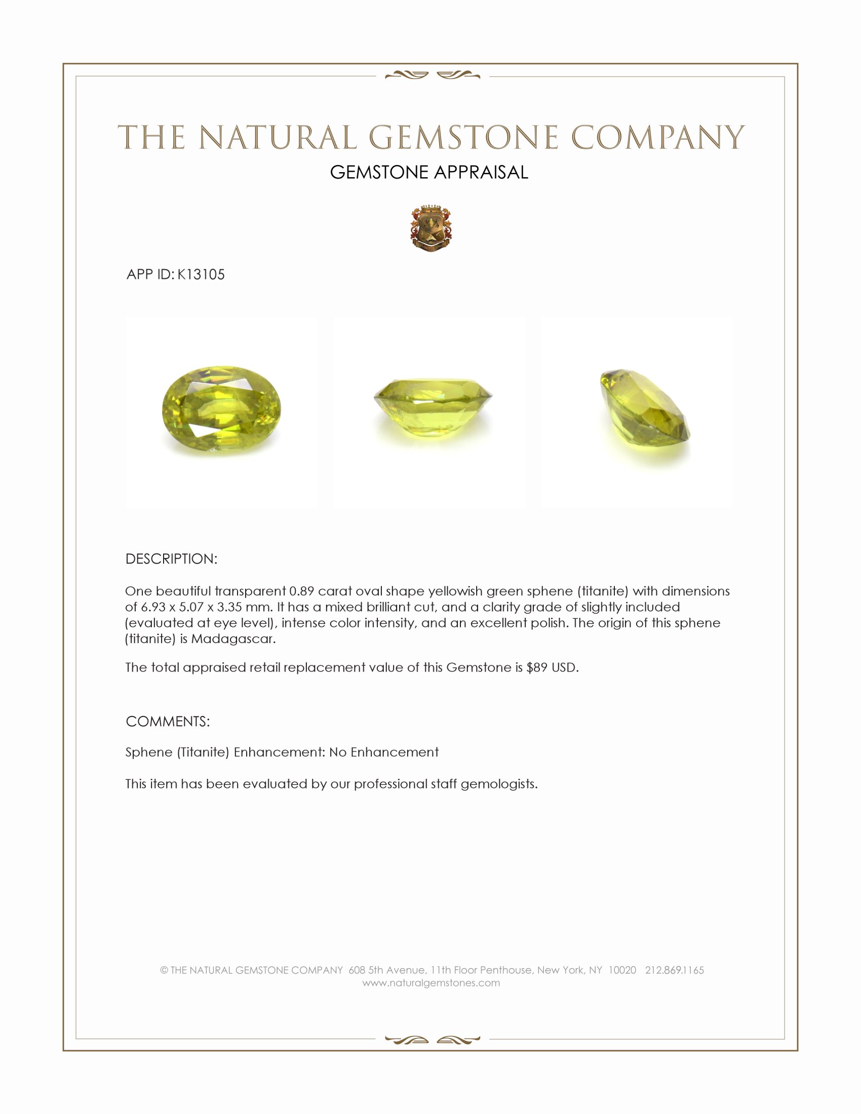 0.89 Ct. Sphene (Titanite) from Madagascar