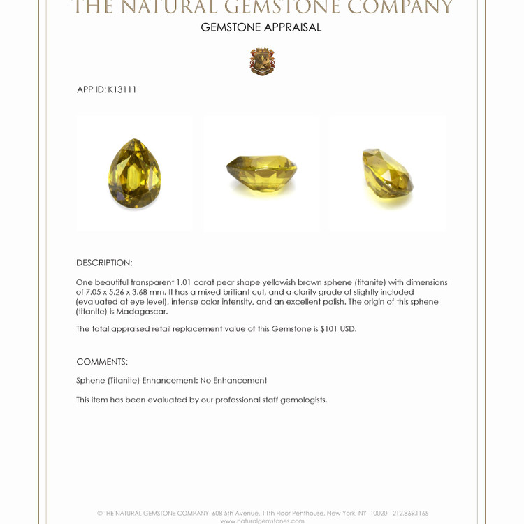 1.01 Ct. Sphene (Titanite) from Madagascar