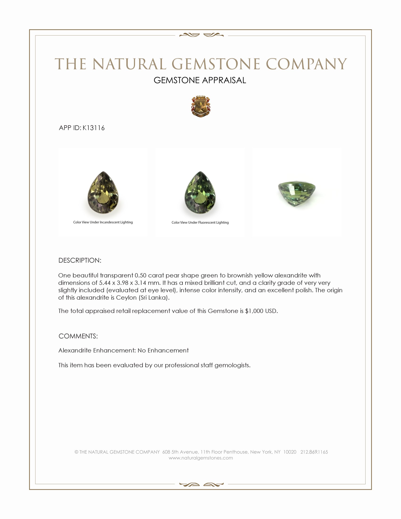 0.50 Ct. Alexandrite from Ceylon (Sri Lanka)