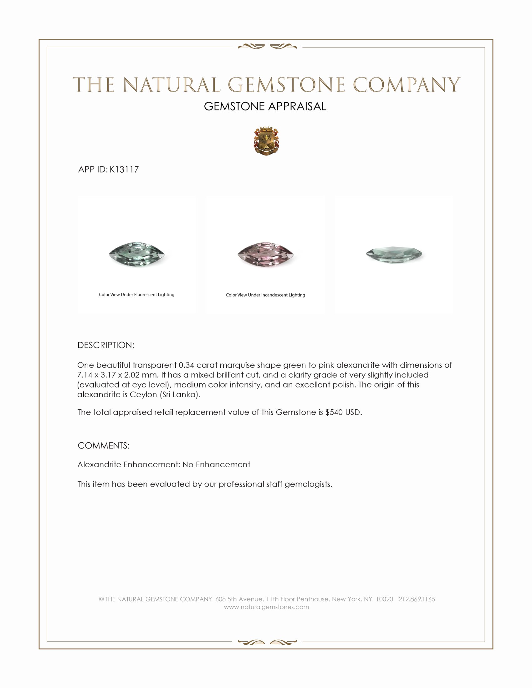 0.34 Ct. Alexandrite from Ceylon (Sri Lanka)