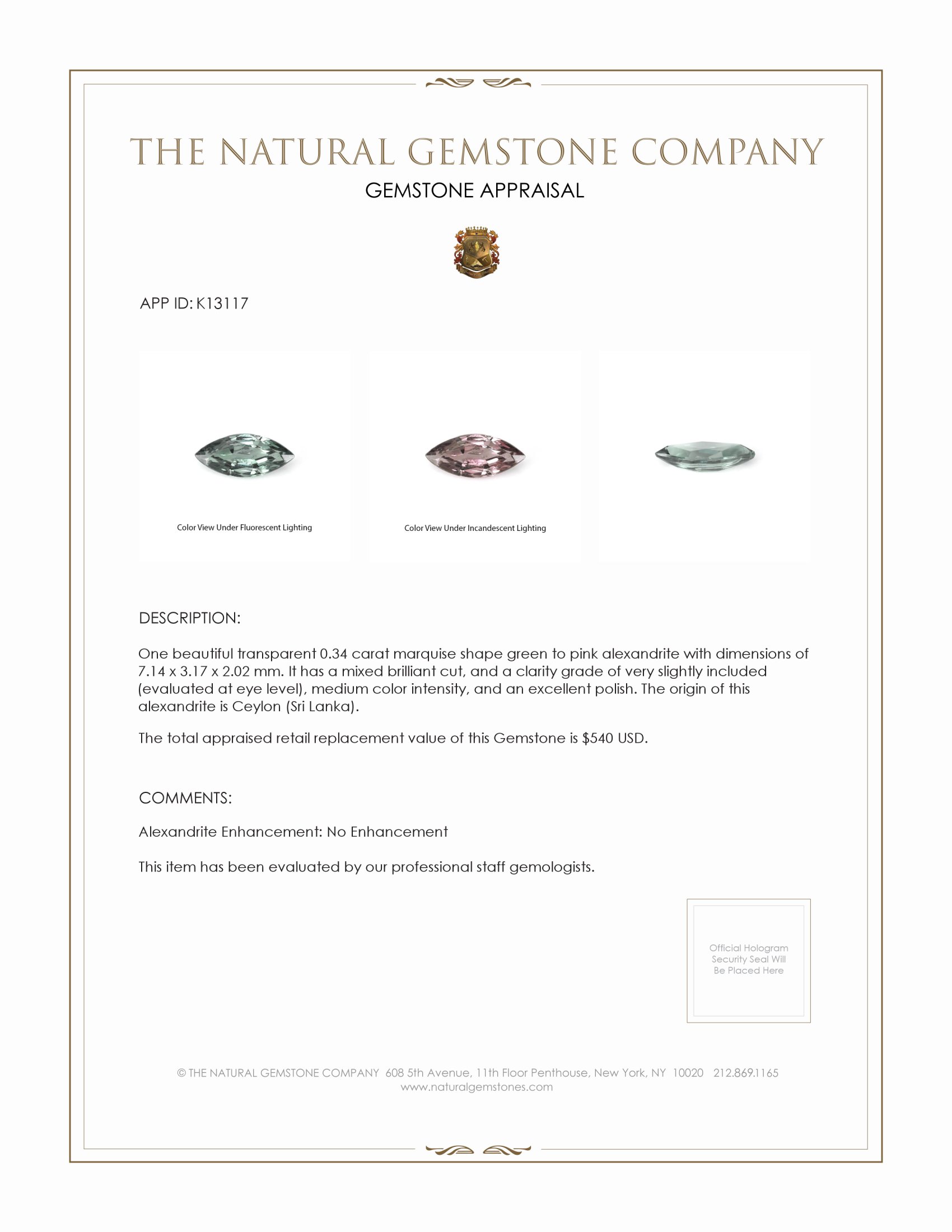 0.34 Ct. Alexandrite from Ceylon (Sri Lanka)