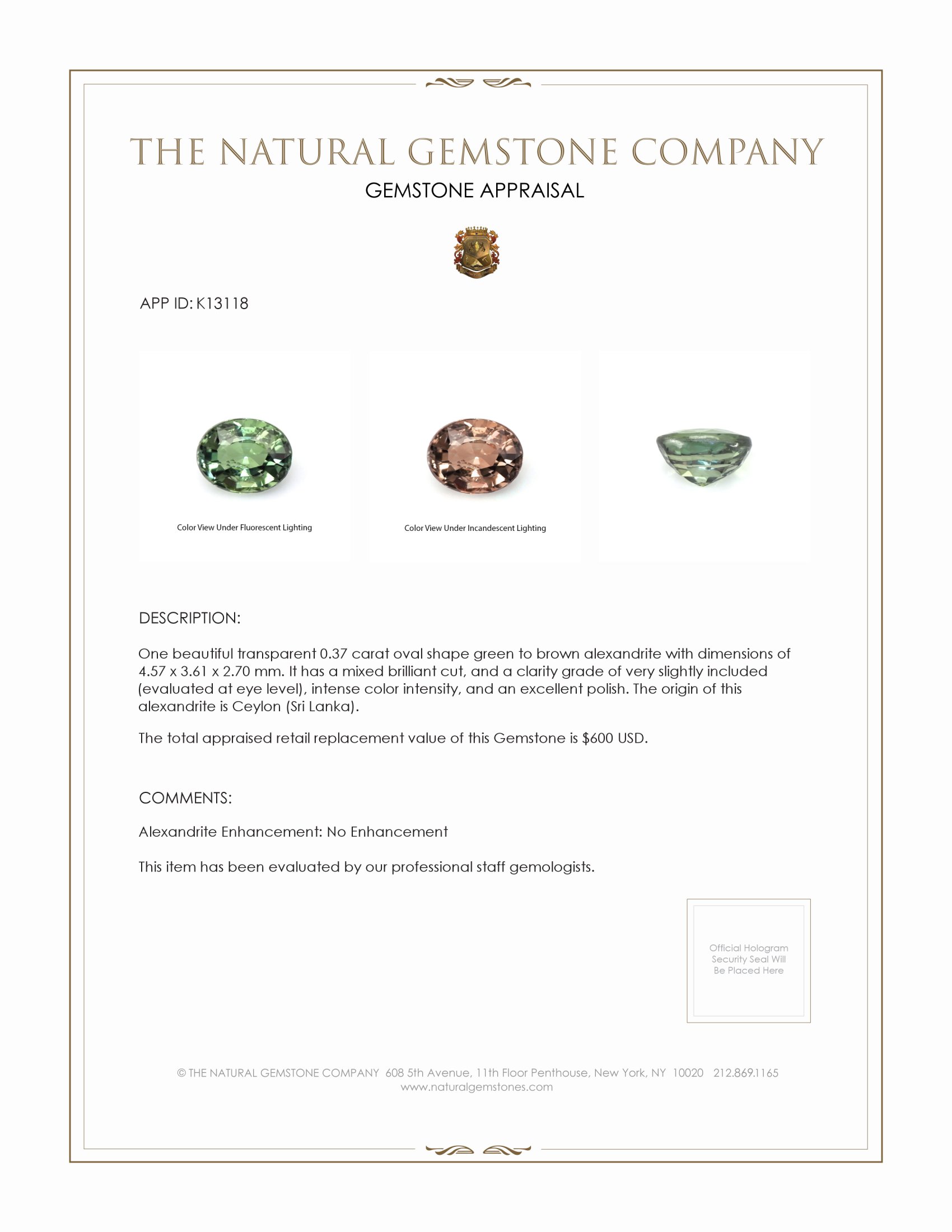 0.37 Ct. Alexandrite from Ceylon (Sri Lanka)