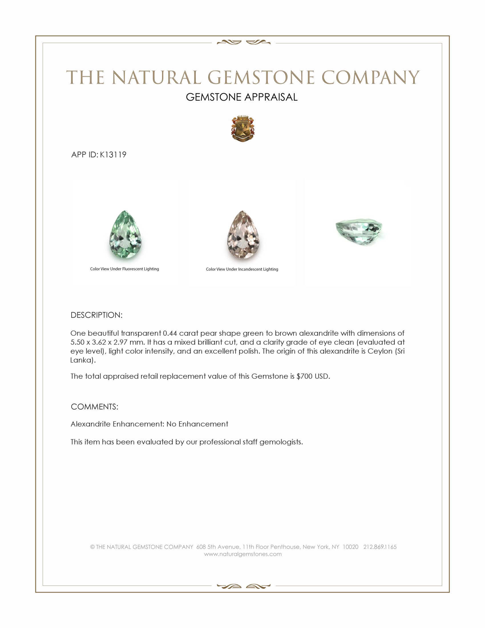 0.44 Ct. Alexandrite from Ceylon (Sri Lanka)