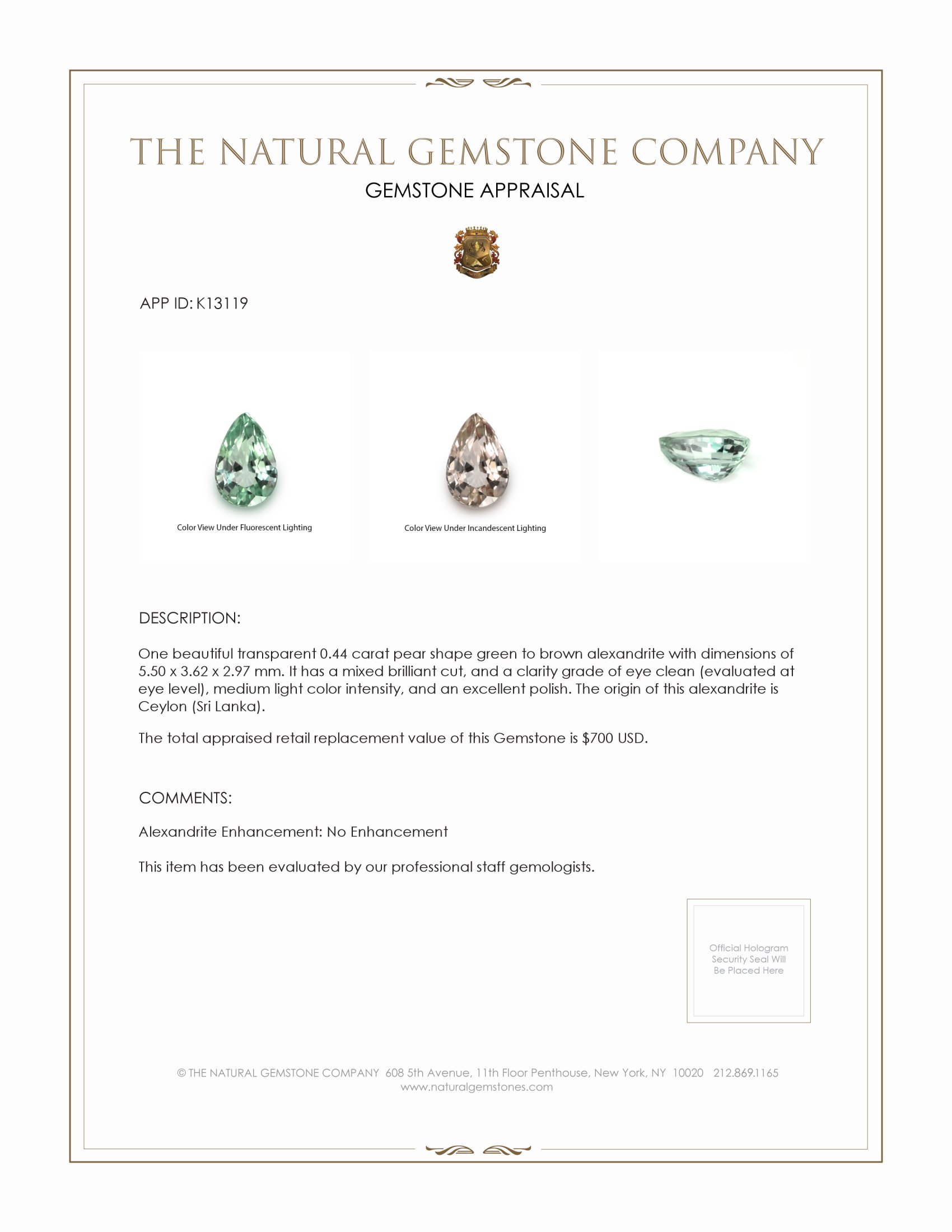 0.44 Ct. Alexandrite from Ceylon (Sri Lanka)