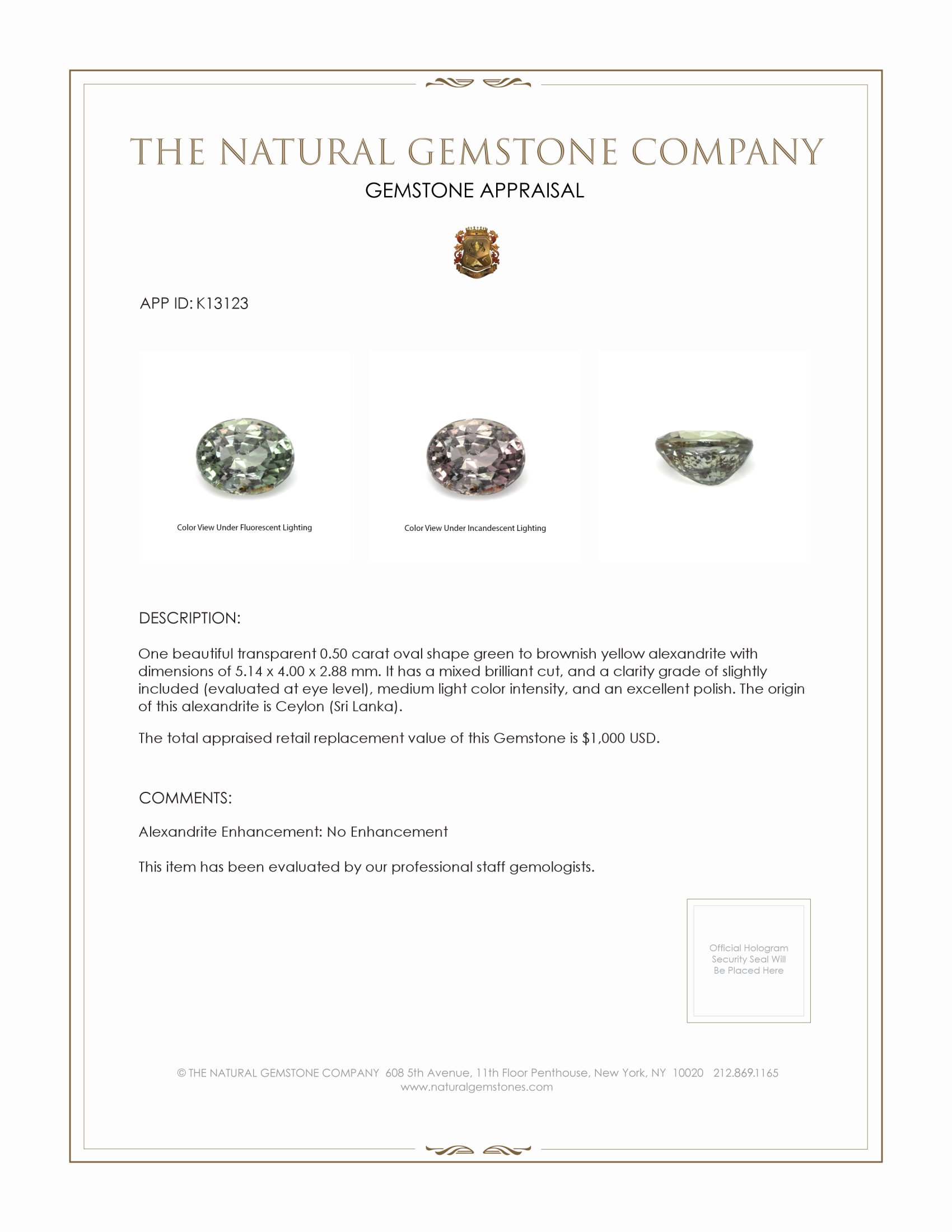 0.50 Ct. Alexandrite from Ceylon (Sri Lanka)