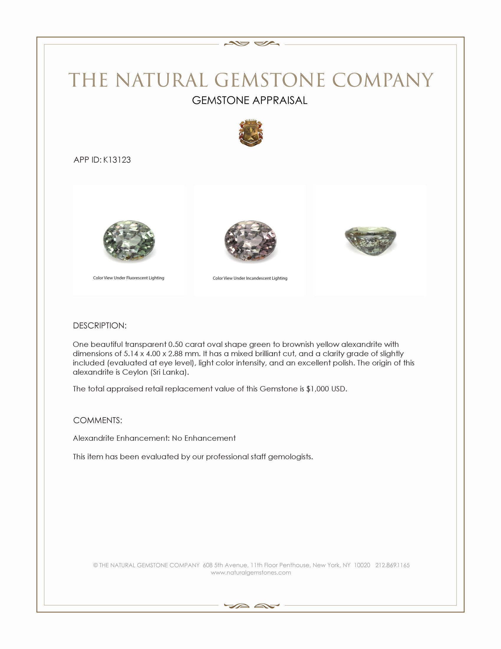 0.50 Ct. Alexandrite from Ceylon (Sri Lanka)