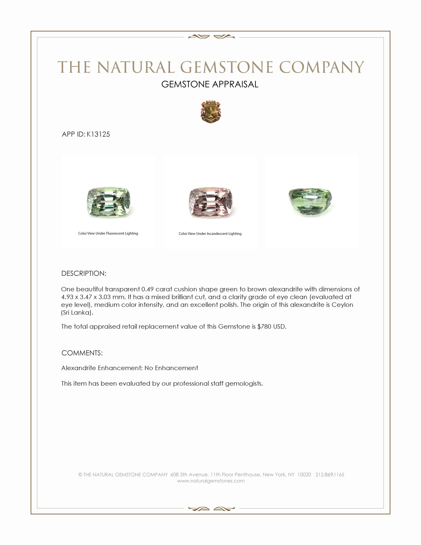 0.49 Ct. Alexandrite from Ceylon (Sri Lanka)