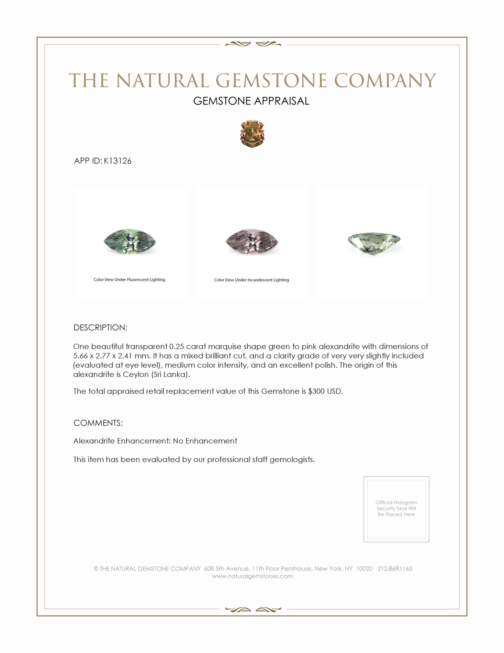 0.25 Ct. Alexandrite from Ceylon (Sri Lanka)