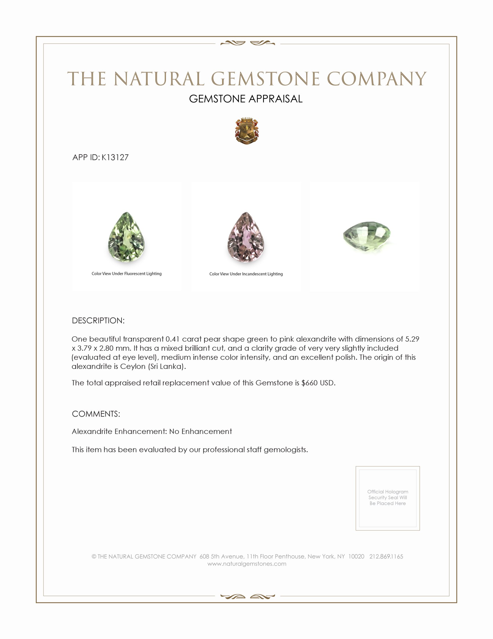 0.41 Ct. Alexandrite from Ceylon (Sri Lanka)