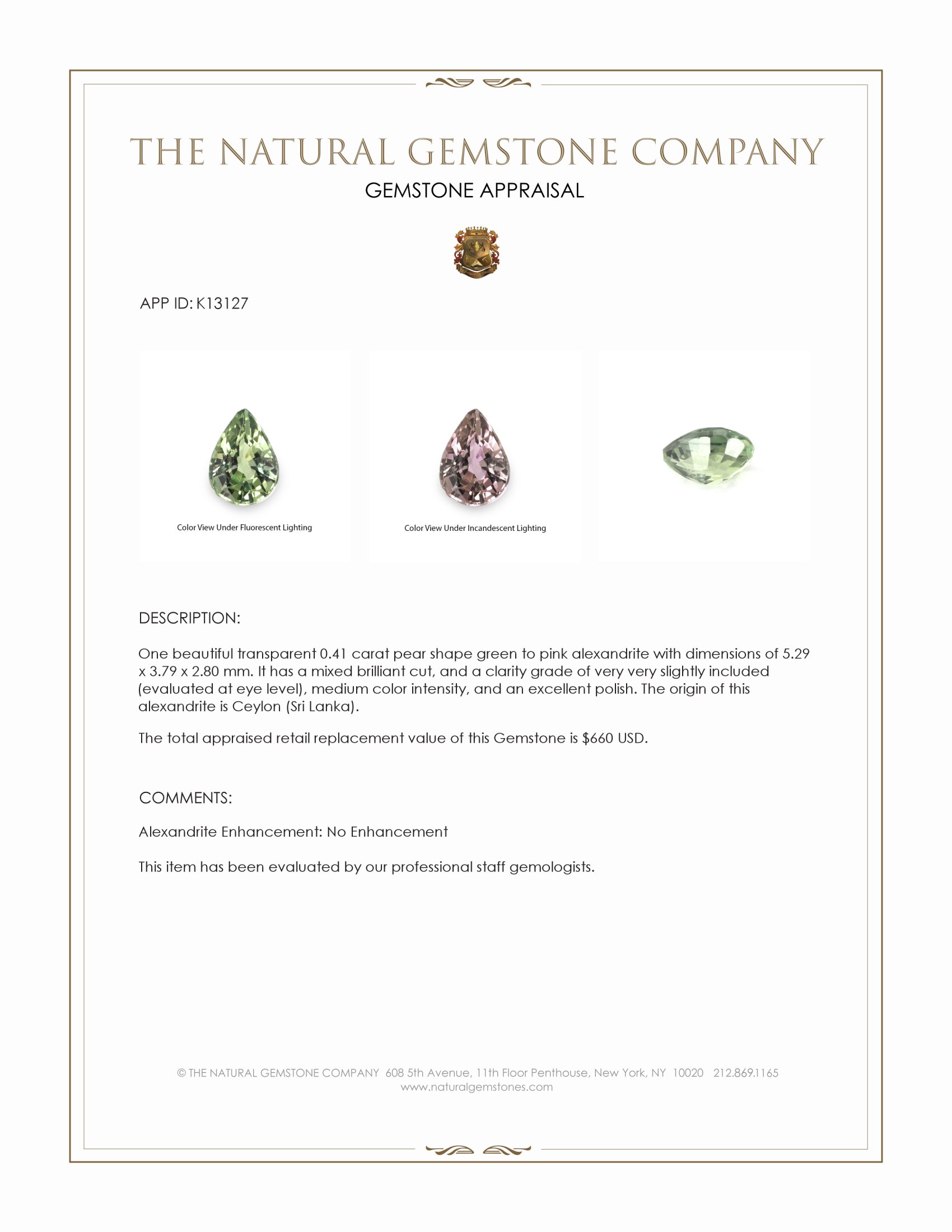 0.41 Ct. Alexandrite from Ceylon (Sri Lanka)