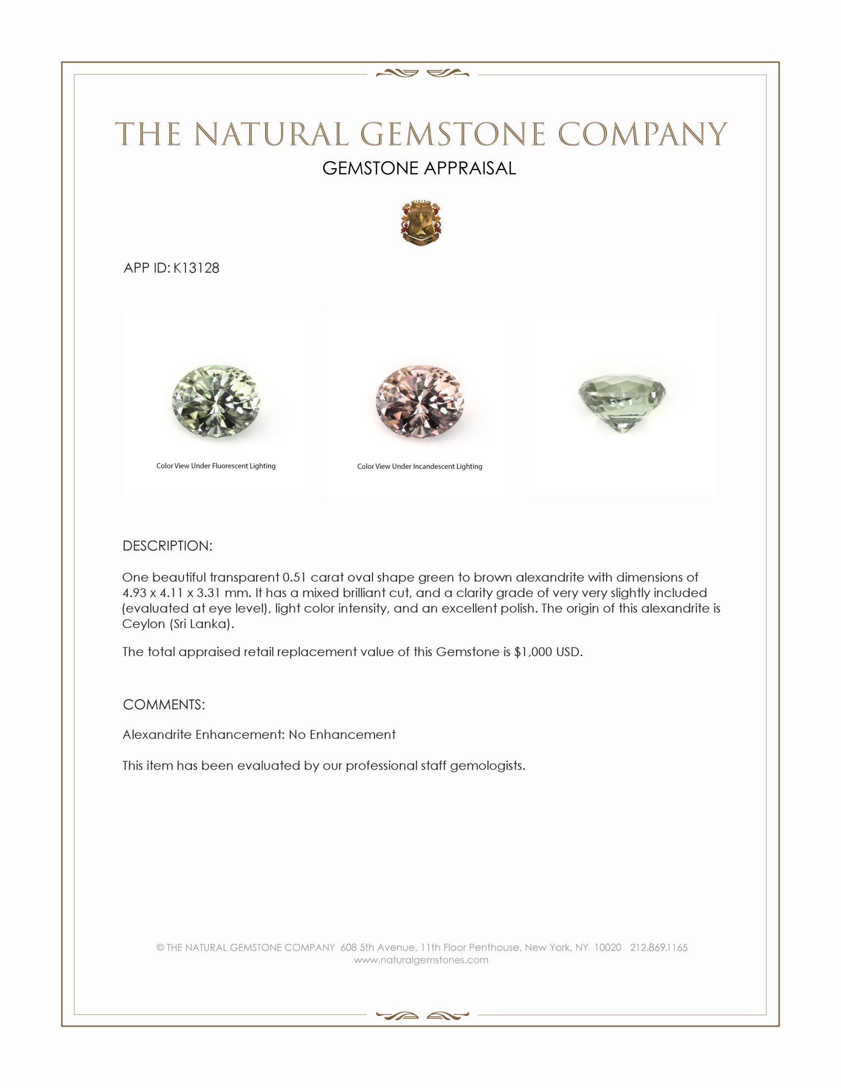 0.51 Ct. Alexandrite from Ceylon (Sri Lanka)