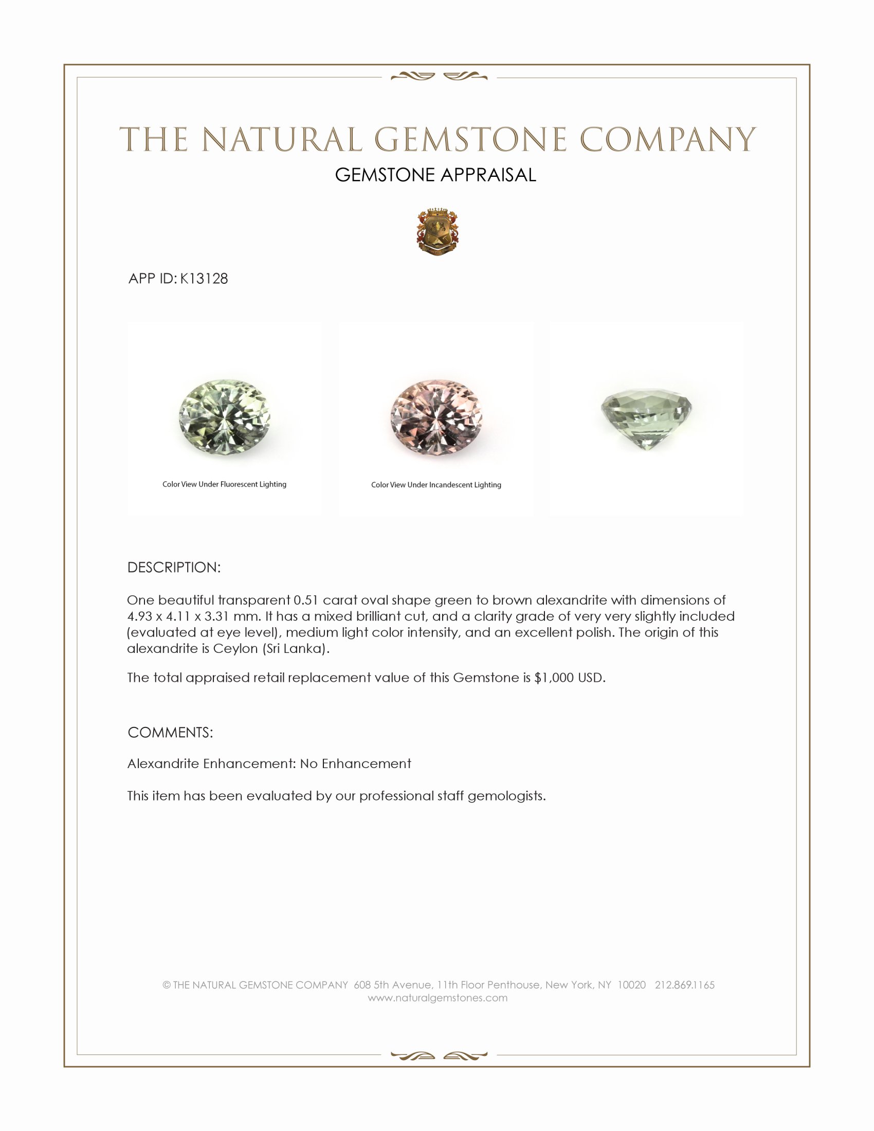 0.51 Ct. Alexandrite from Ceylon (Sri Lanka)