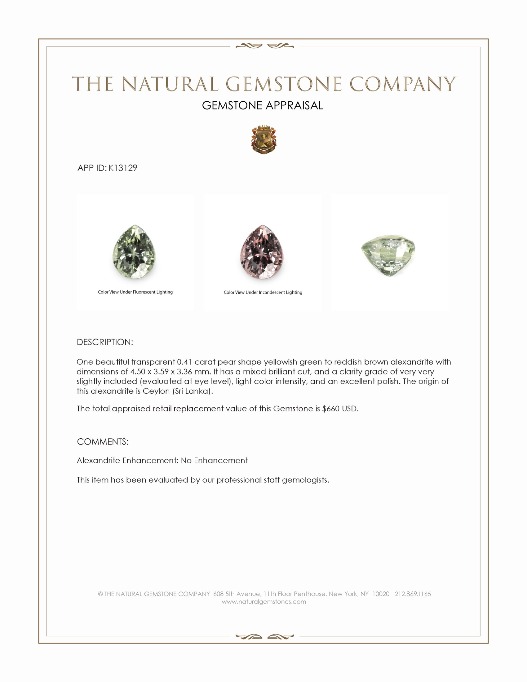 0.41 Ct. Alexandrite from Ceylon (Sri Lanka)