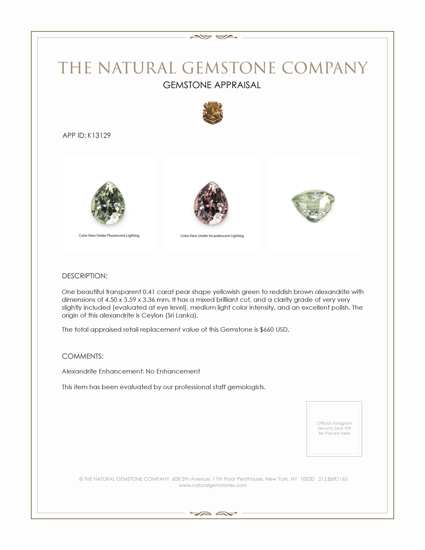 0.41 Ct. Alexandrite from Ceylon (Sri Lanka)