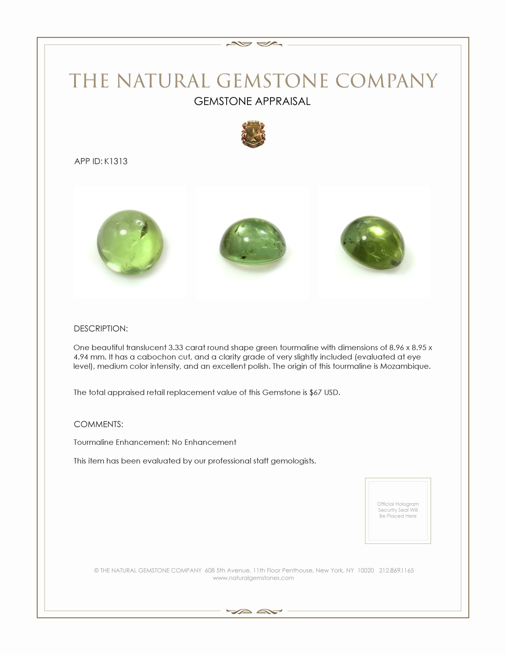 3.33 Ct. Cabochon Tourmaline from Mozambique