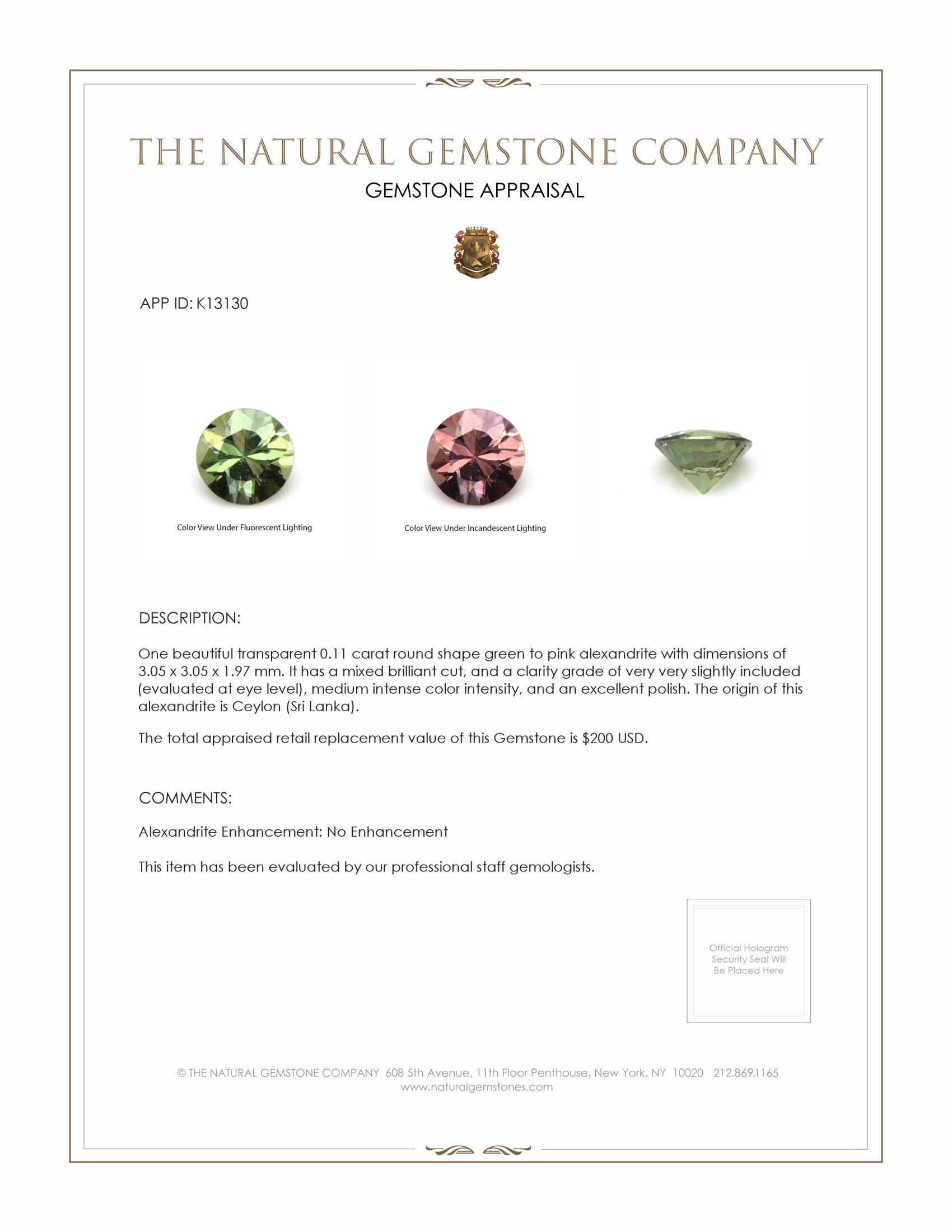 0.11 Ct. Alexandrite from Ceylon (Sri Lanka)