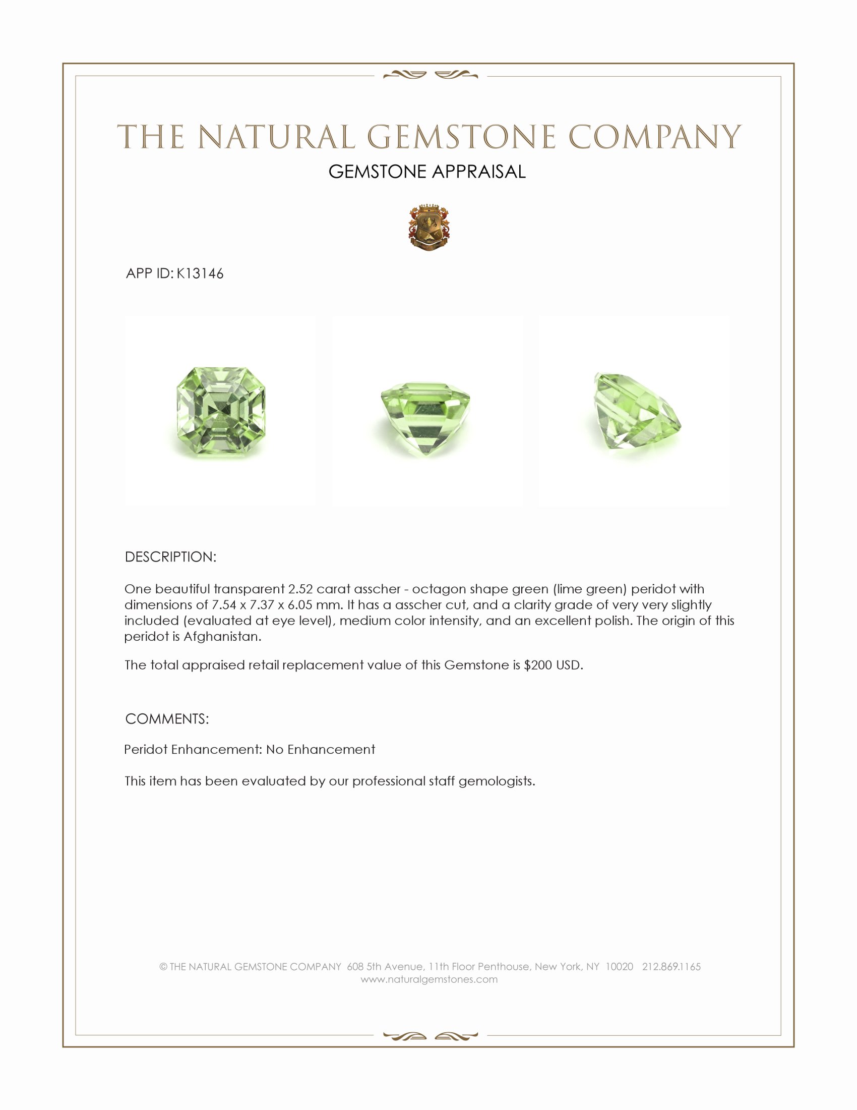 2.53 Ct. Green (Lime Green) Peridot from Afghanistan