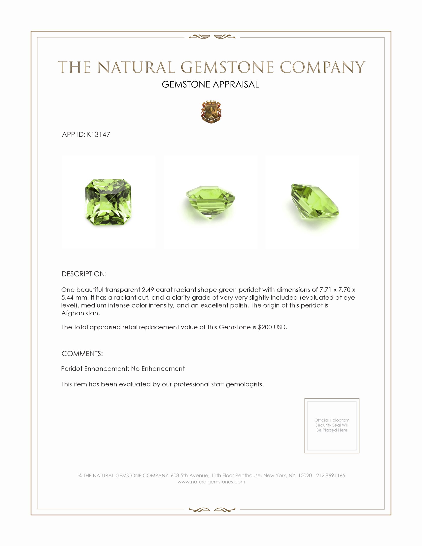 2.49 Ct. Peridot from Afghanistan