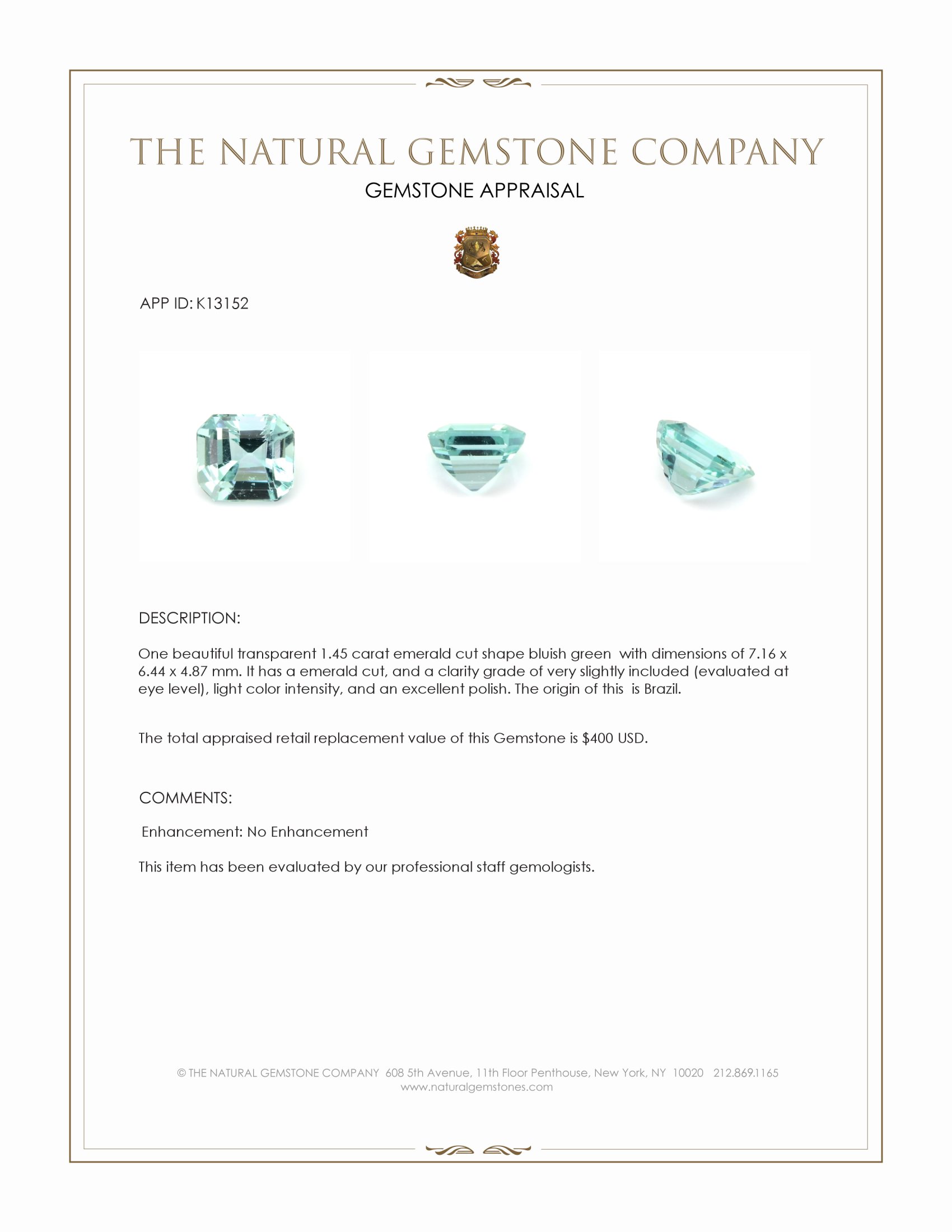 1.45 Ct. Bluish Green Beryl from Brazil