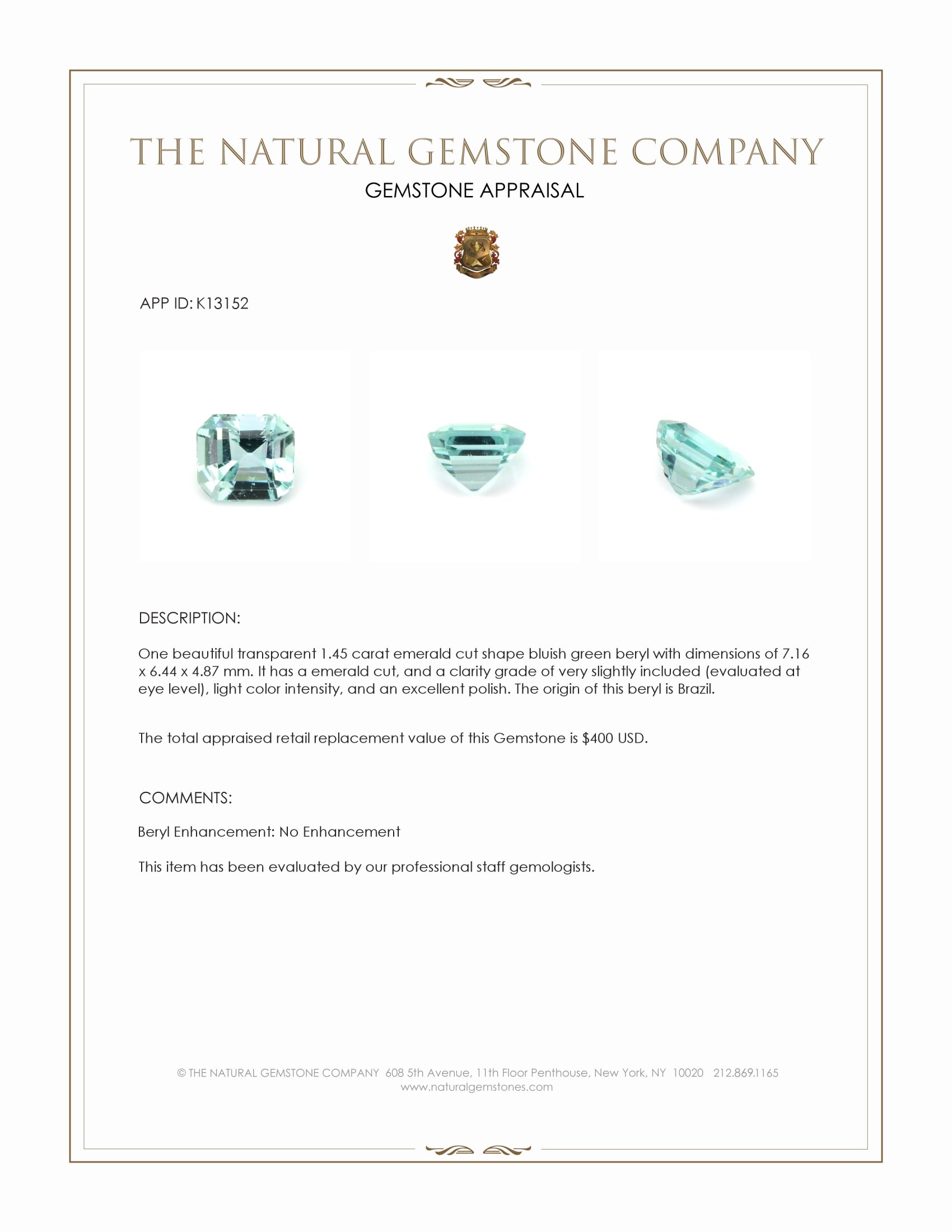 1.45 Ct. Beryl from Brazil